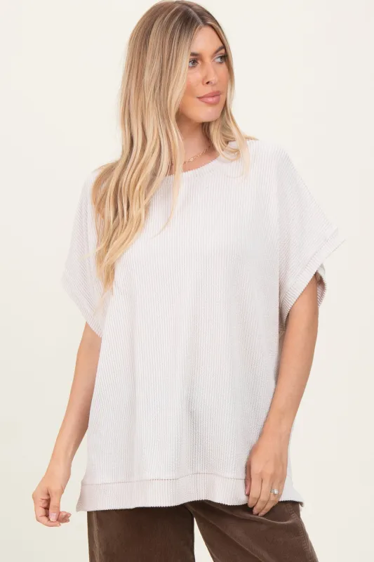 Cream Solid Ribbed Short Sleeve Oversized Tunic Top sold by Pinkblush
