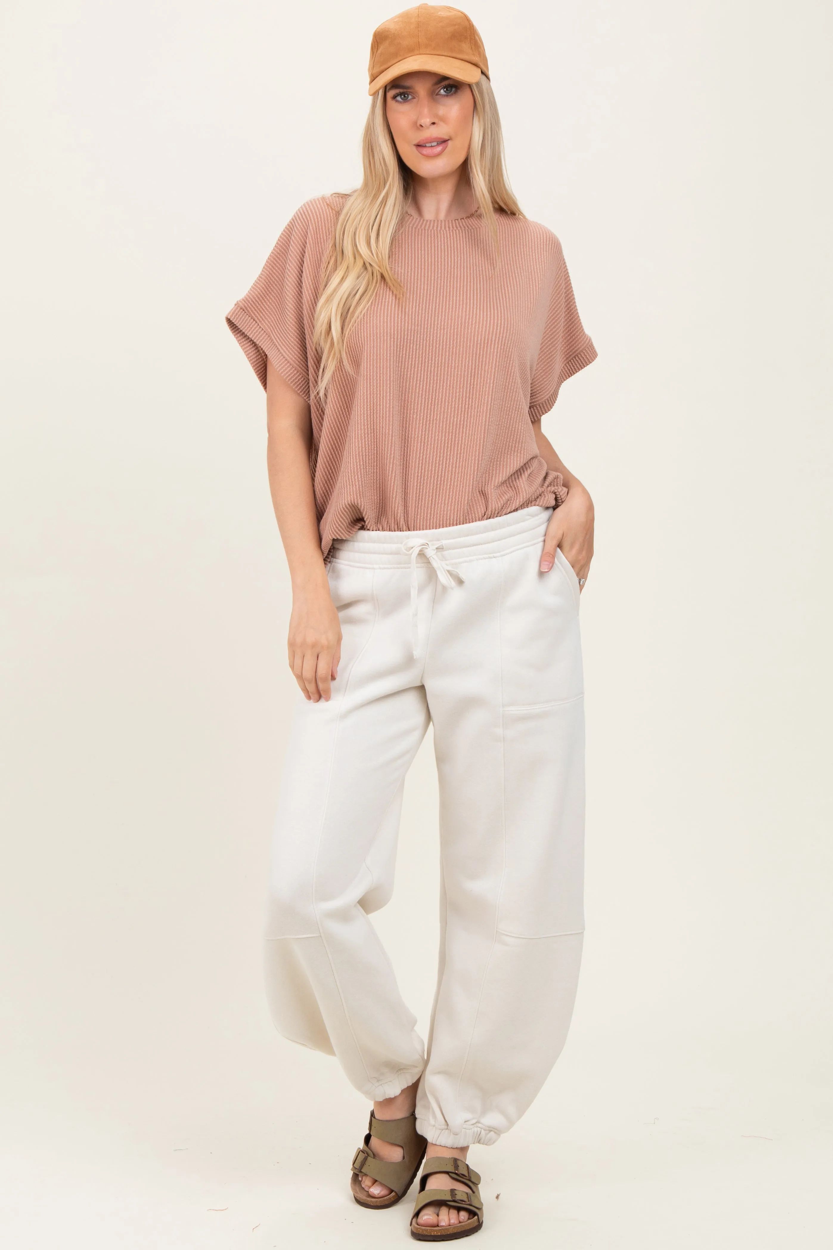 Ivory Multi Seam Fleece Sweatpants sold by Pinkblush