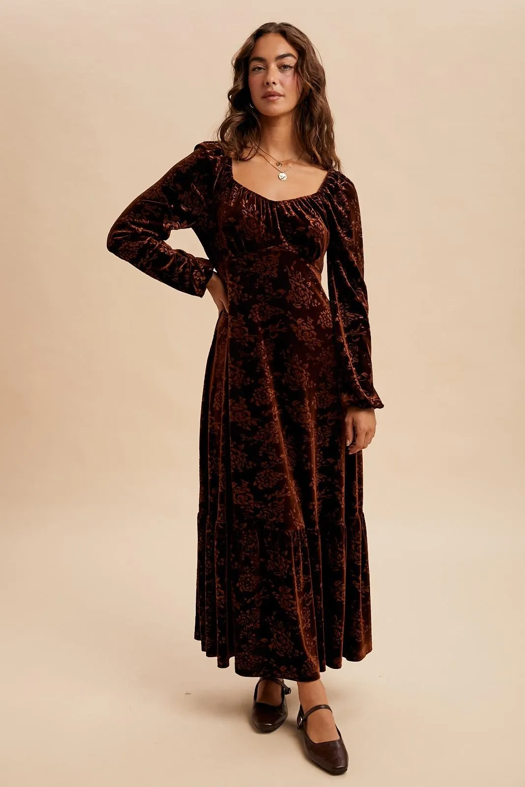 Brown Velvet Jacquard Floral Maxi Dress sold by Pinkblush product image thumbnail 2