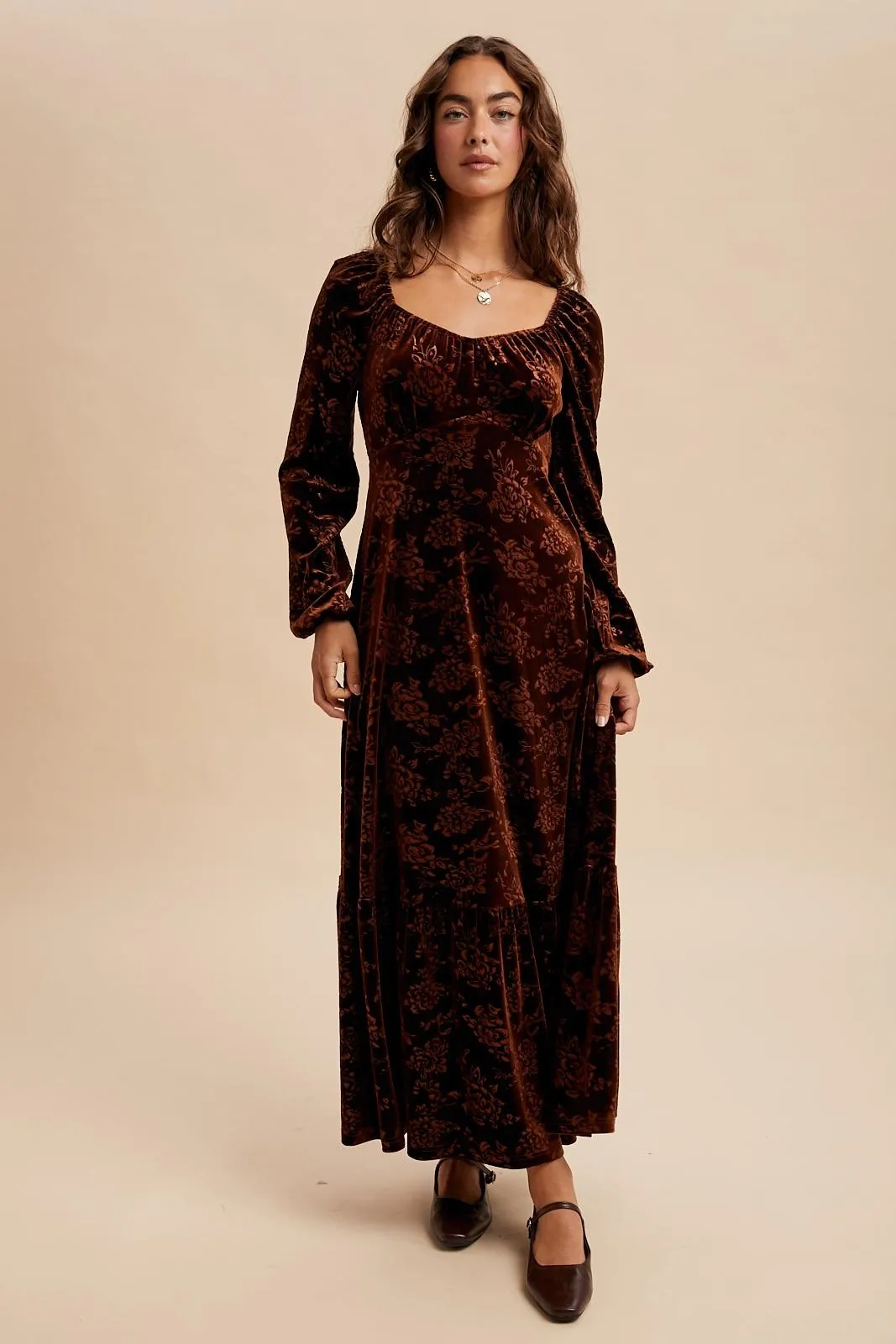 Brown Velvet Jacquard Floral Maxi Dress sold by Pinkblush product image thumbnail 3