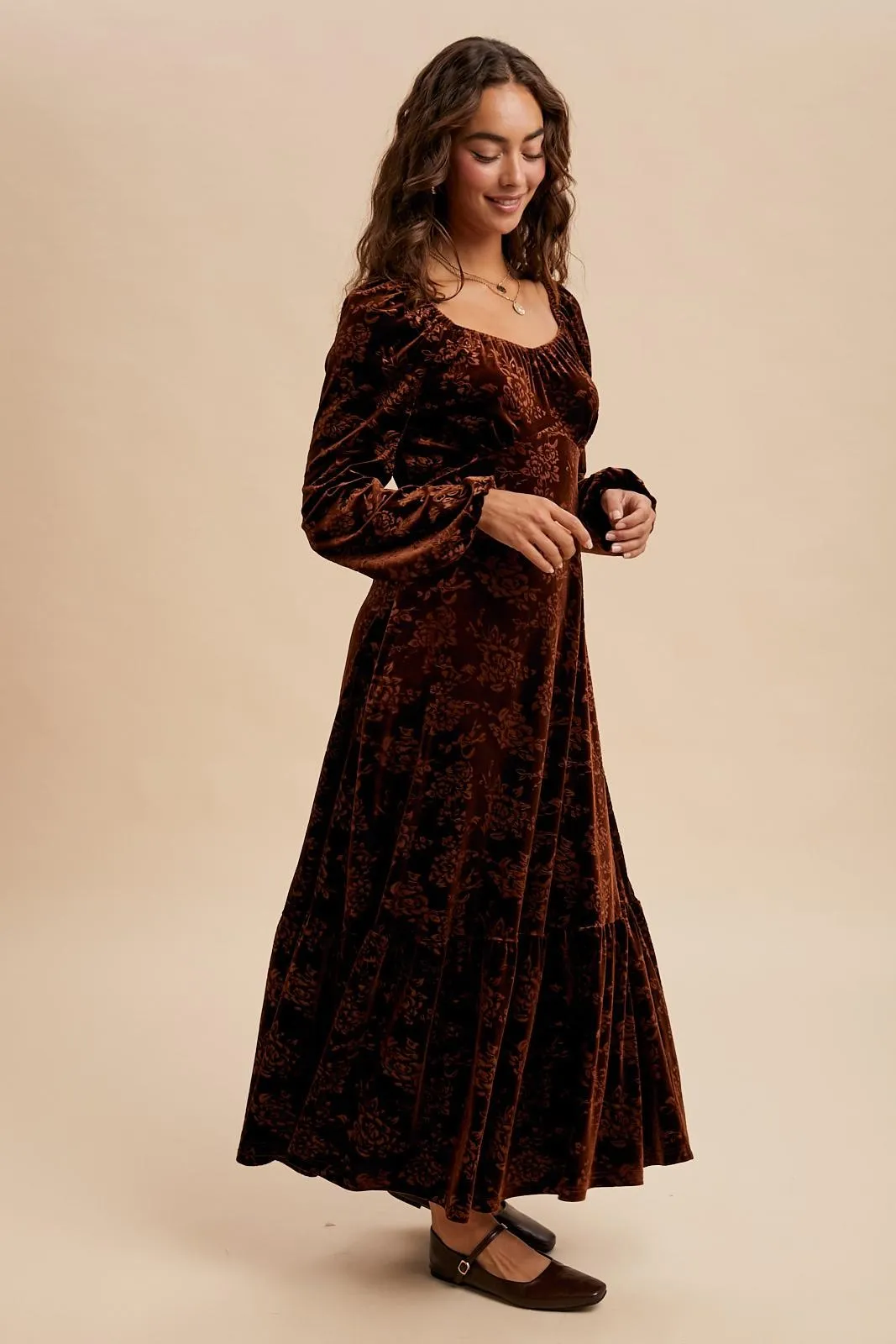Brown Velvet Jacquard Floral Maxi Dress sold by Pinkblush product image thumbnail 4