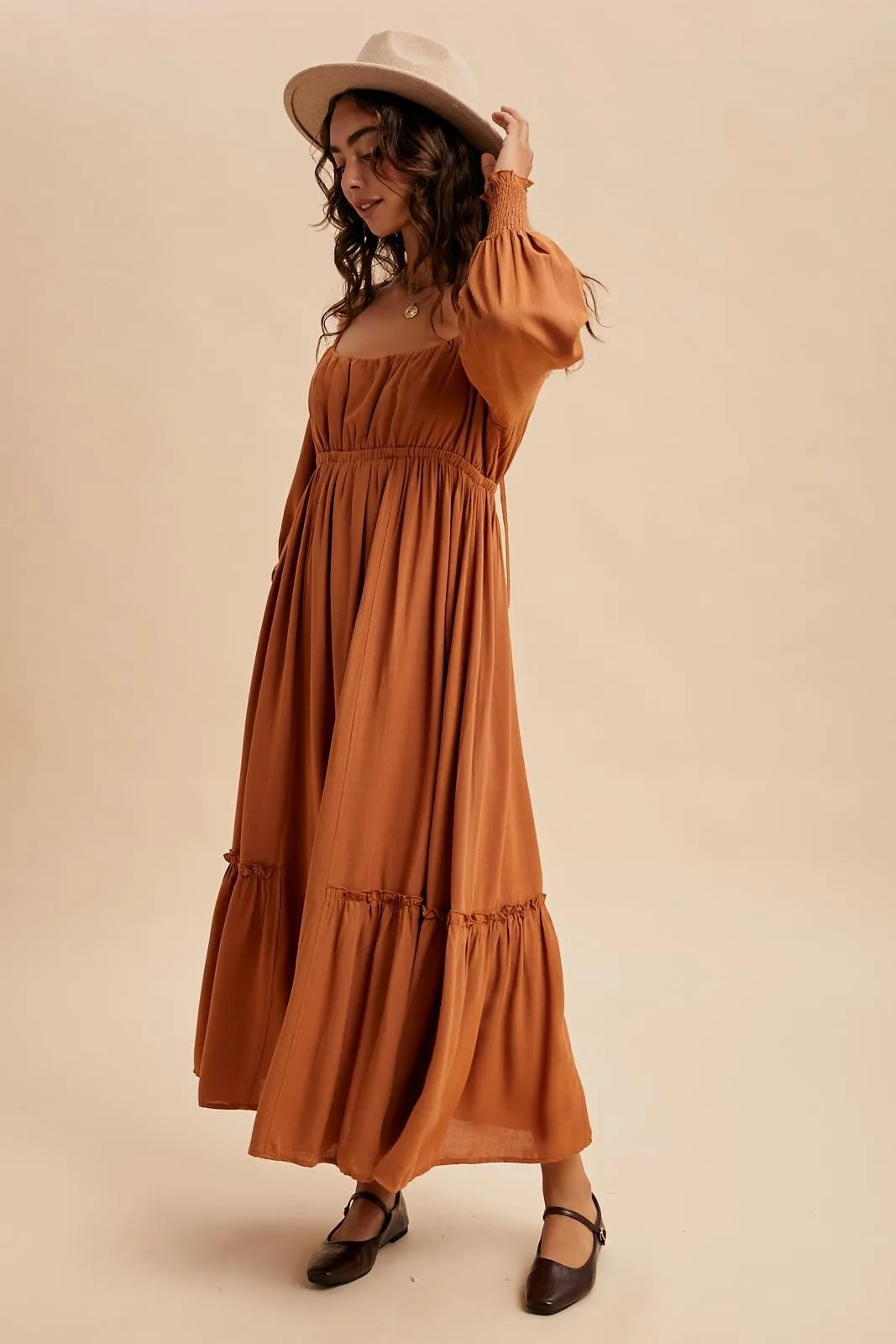 Rust Square Neckline Bubble Sleeve Maxi Dress sold by Pinkblush product image thumbnail 3