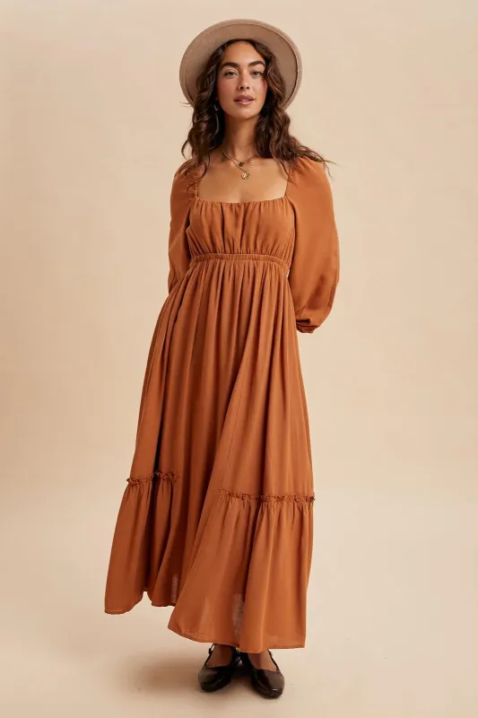 Rust Square Neckline Bubble Sleeve Maxi Dress sold by Pinkblush