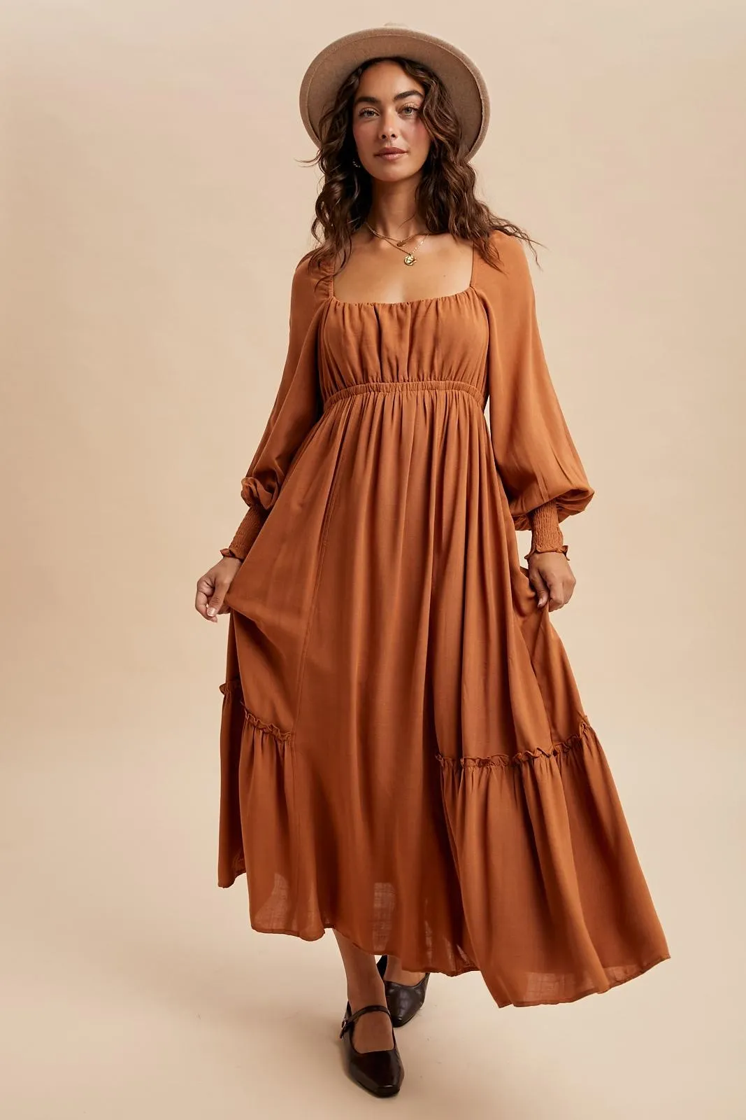 Rust Square Neckline Bubble Sleeve Maxi Dress sold by Pinkblush product image thumbnail 2