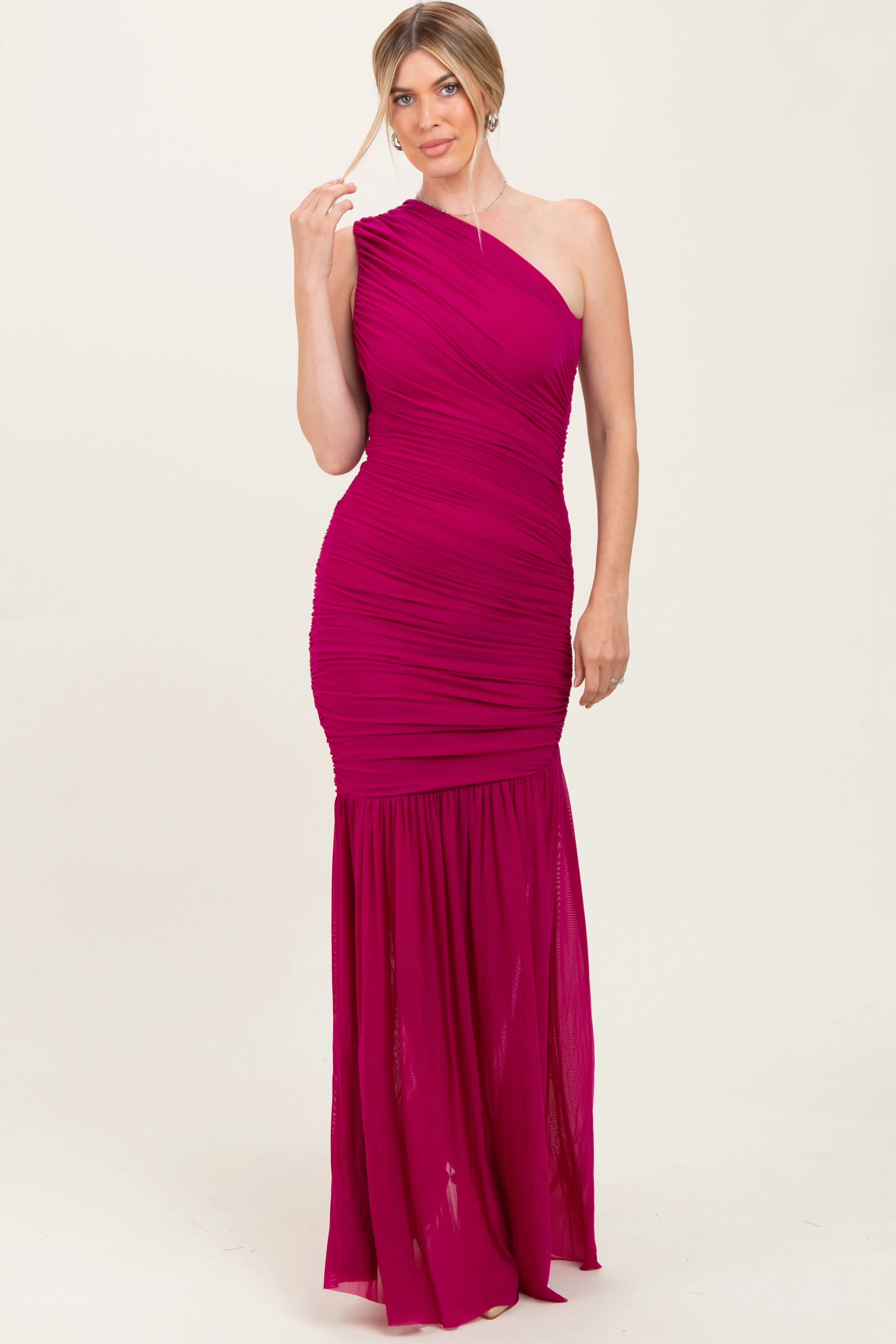 Deep Magenta Ruched Mesh One Shoulder Maxi Dress sold by Pinkblush product image thumbnail 2