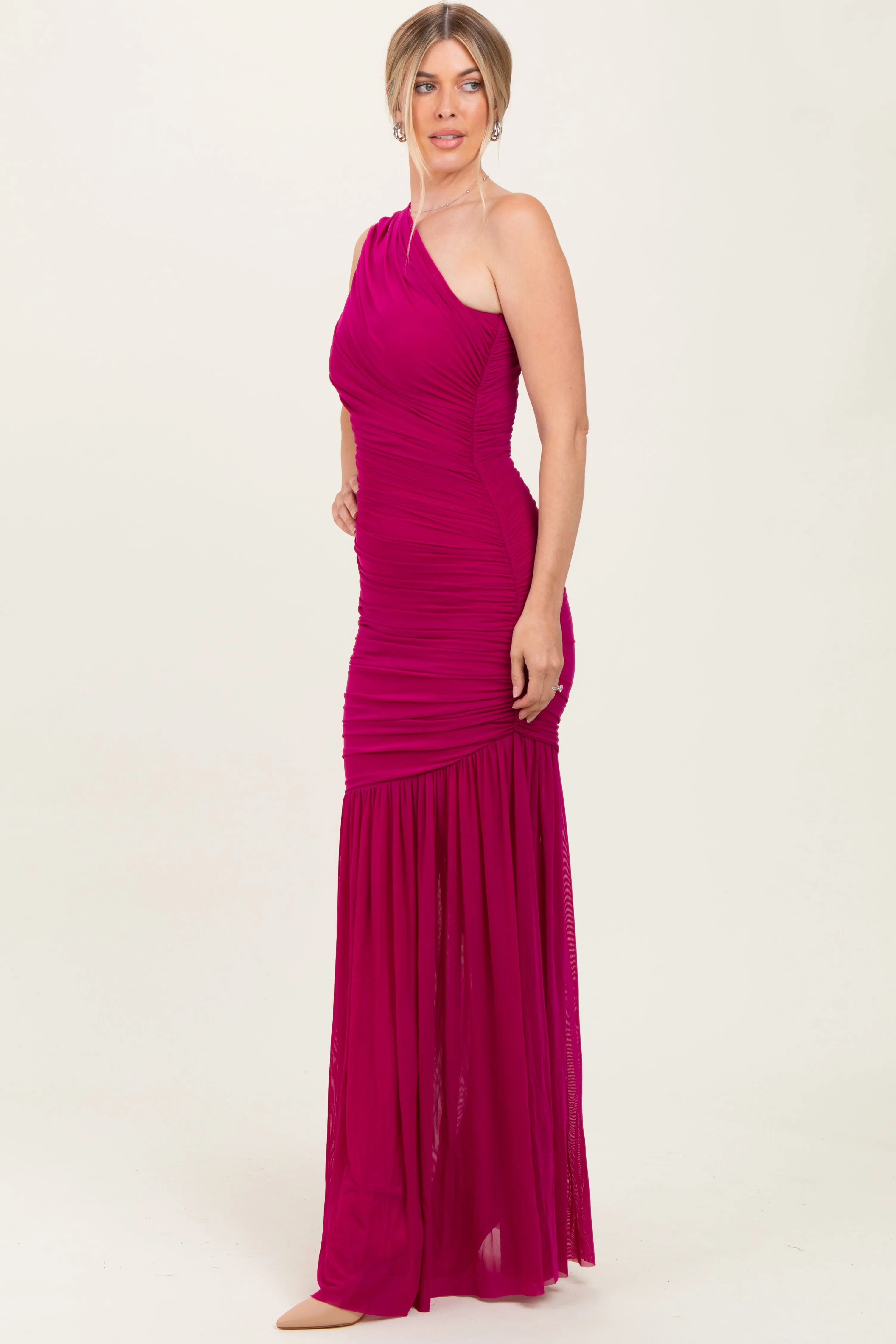 Deep Magenta Ruched Mesh One Shoulder Maxi Dress sold by Pinkblush product image thumbnail 3