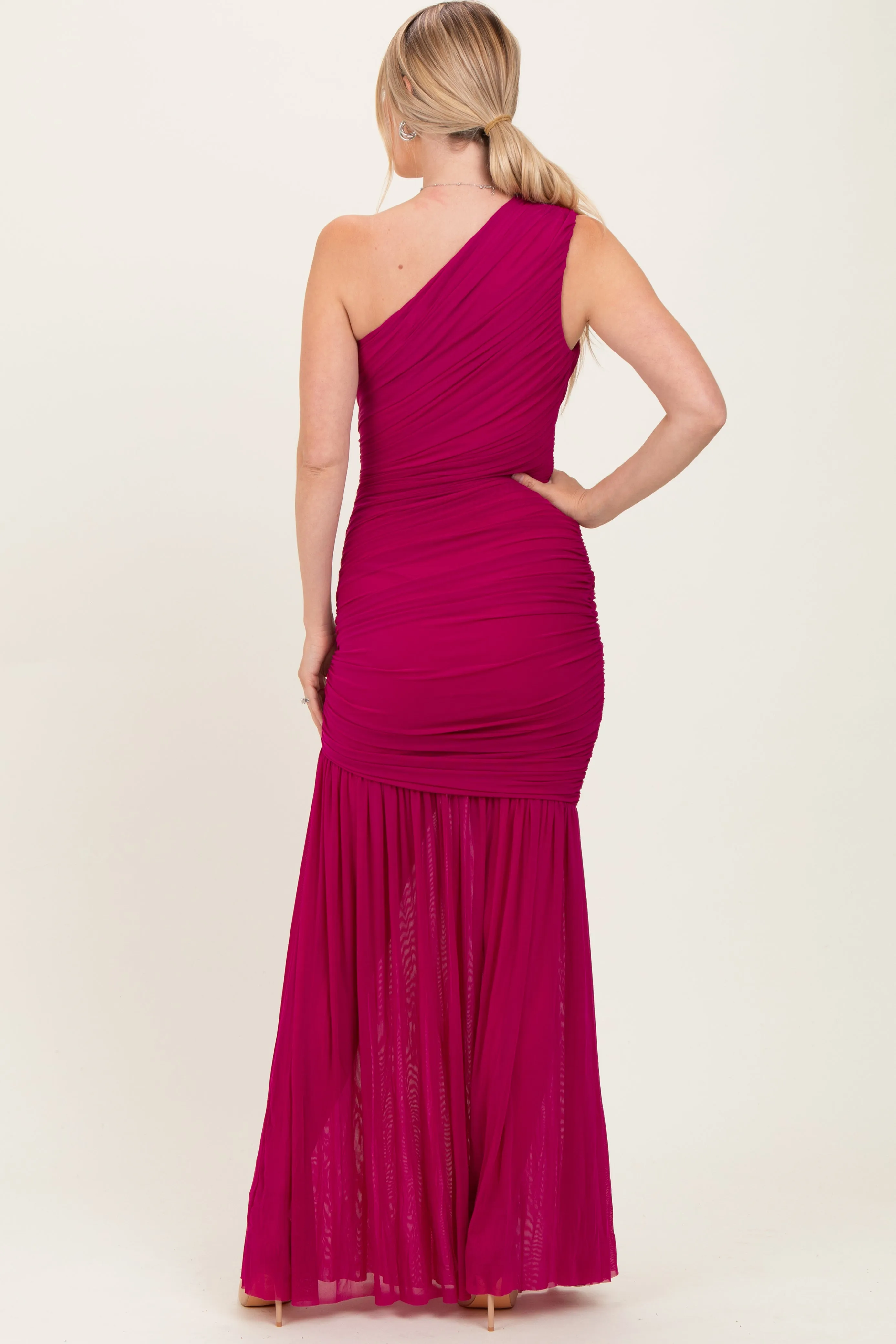 Deep Magenta Ruched Mesh One Shoulder Maxi Dress sold by Pinkblush product image thumbnail 4