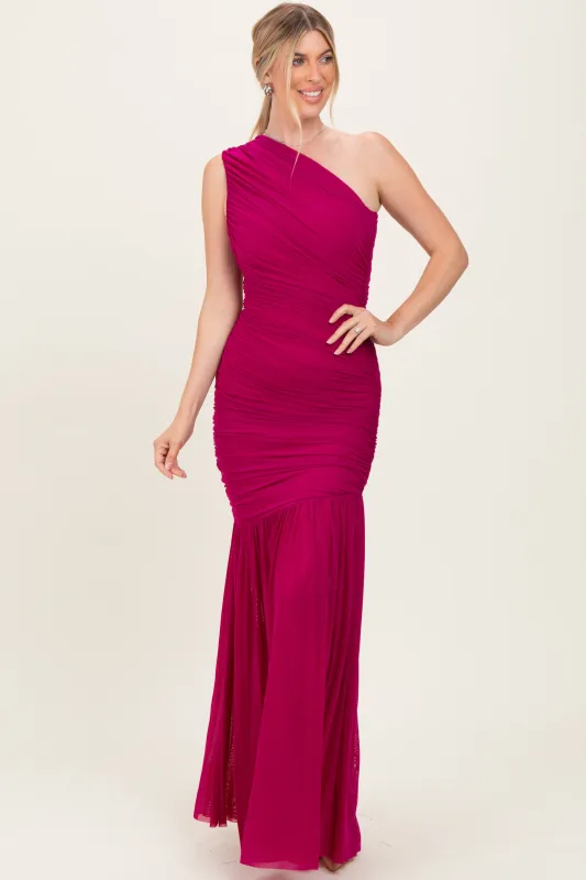 Deep Magenta Ruched Mesh One Shoulder Maxi Dress sold by Pinkblush
