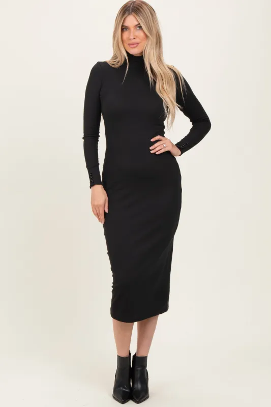 Black Turtle Neck Long Sleeve Rib Fitted Midi Dress sold by Pinkblush