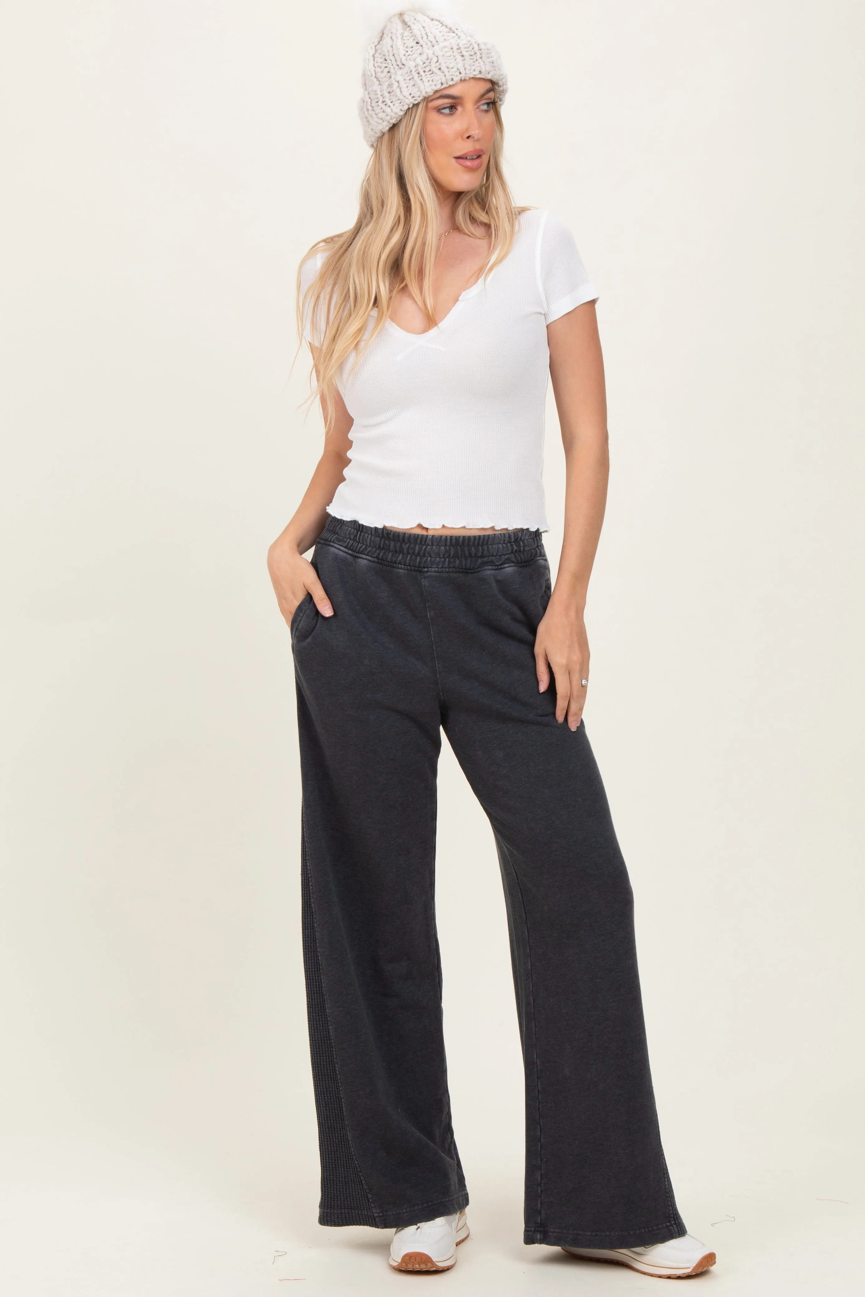 Black Mineral Wash Waffle Knit Contrast Lounge Pants sold by Pinkblush
