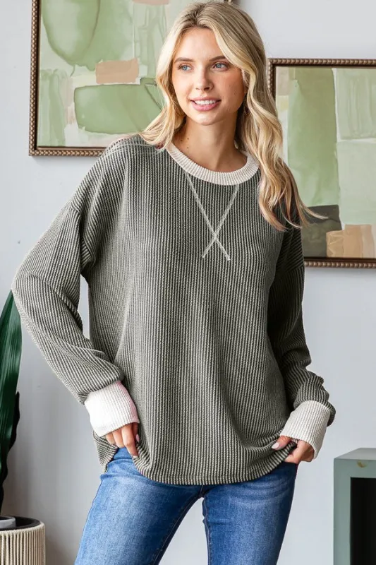 Olive Textured Rib Relaxed Fit Pullover Top sold by Pinkblush