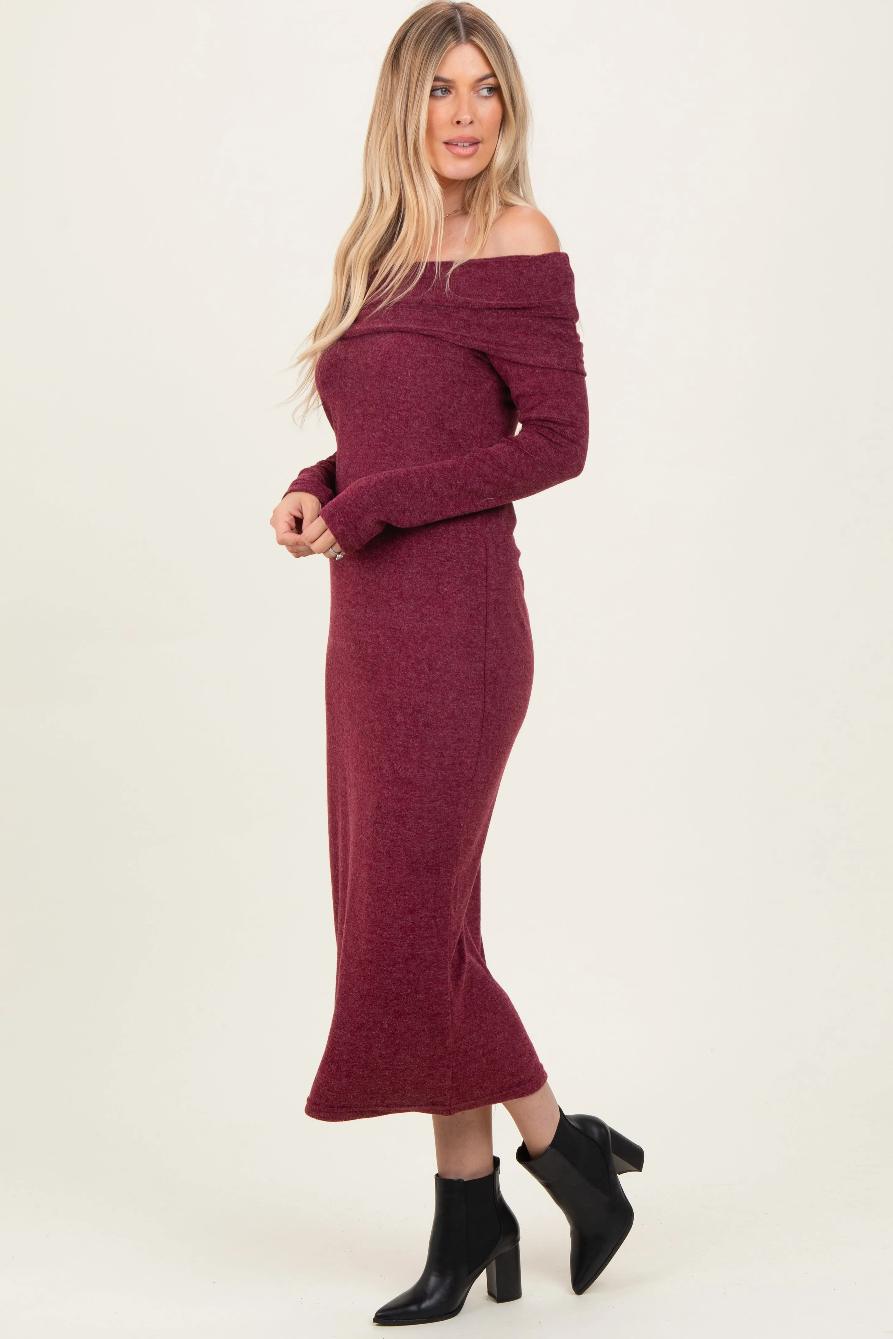 Burgundy Long Sleeve Off Shoulder Maxi Dress sold by Pinkblush product image thumbnail 3