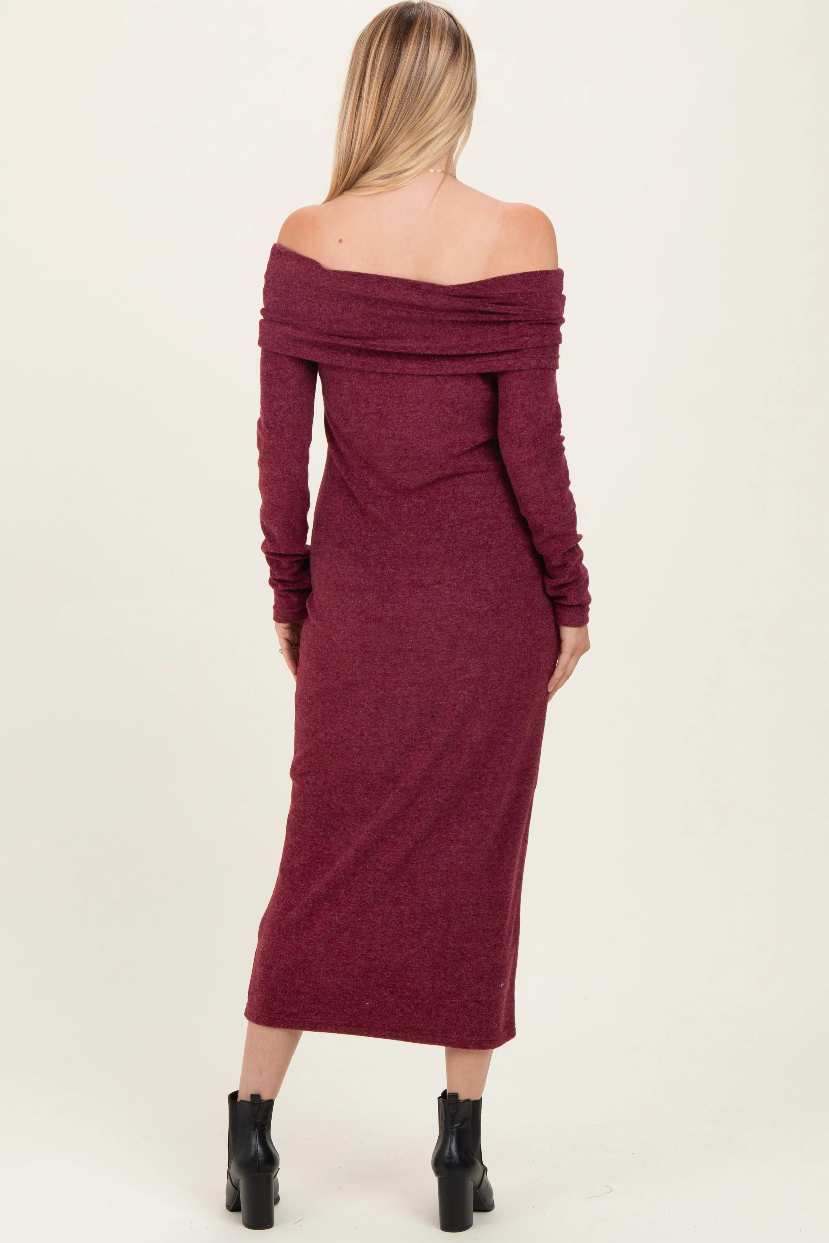 Burgundy Long Sleeve Off Shoulder Maxi Dress sold by Pinkblush product image thumbnail 4
