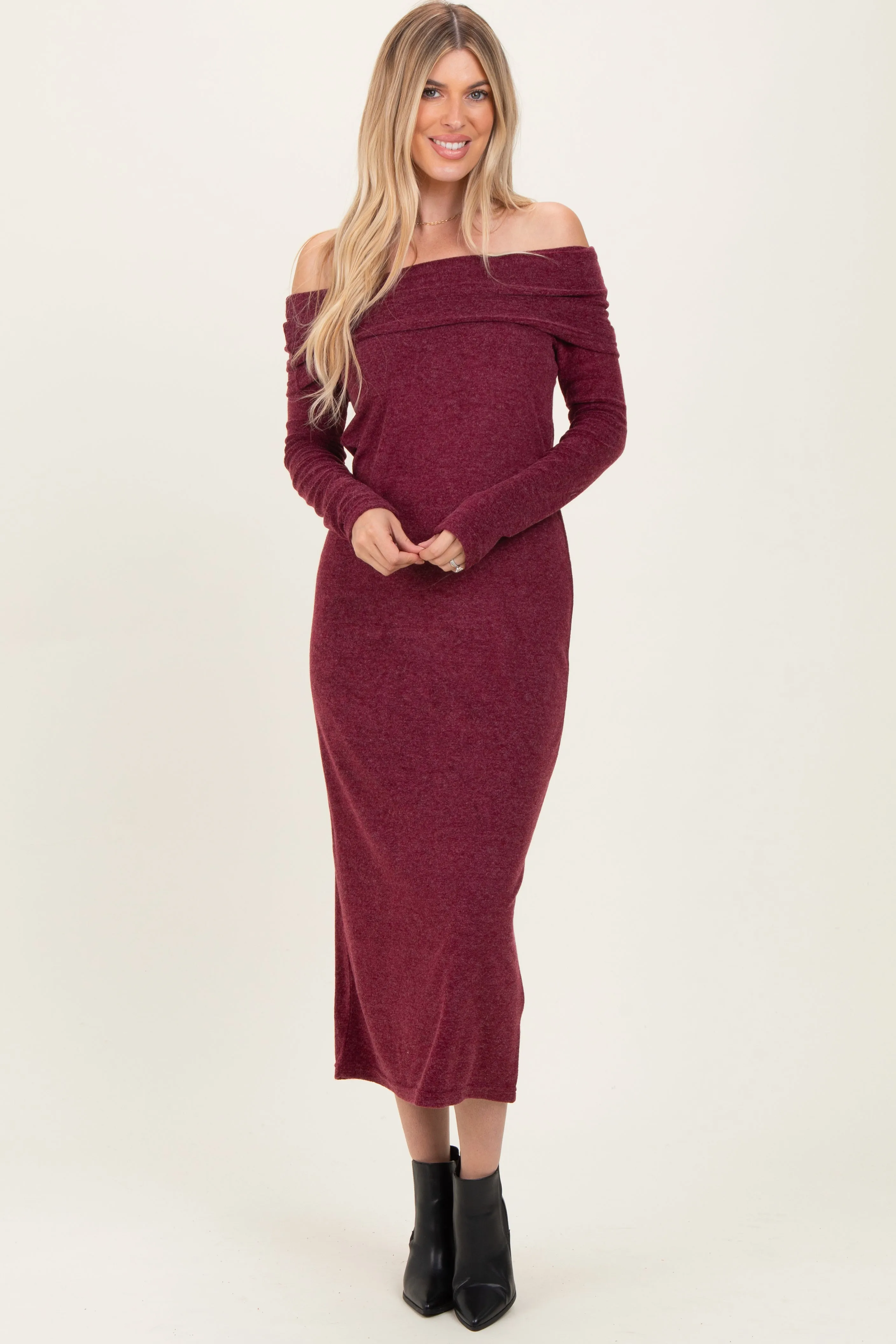 Burgundy Long Sleeve Off Shoulder Maxi Dress sold by Pinkblush product image thumbnail 2