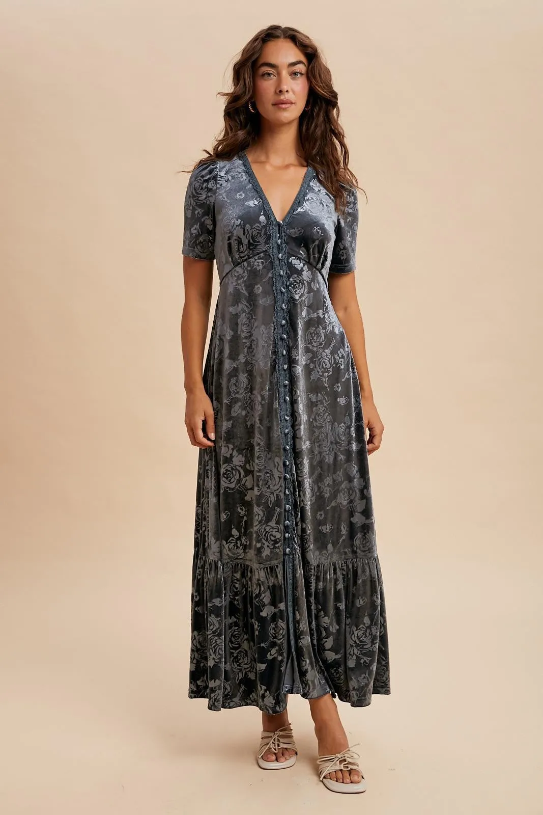 Blue Grey Velvet Floral Button Down Maxi Dress sold by Pinkblush product image thumbnail 2