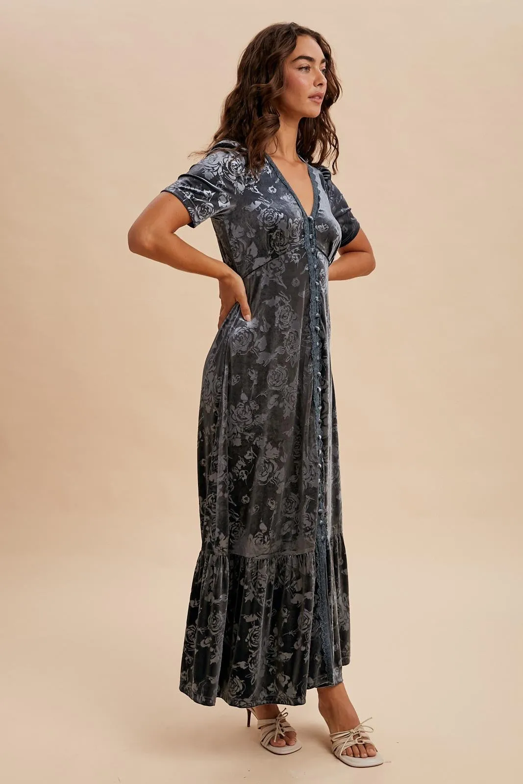 Blue Grey Velvet Floral Button Down Maxi Dress sold by Pinkblush product image thumbnail 3
