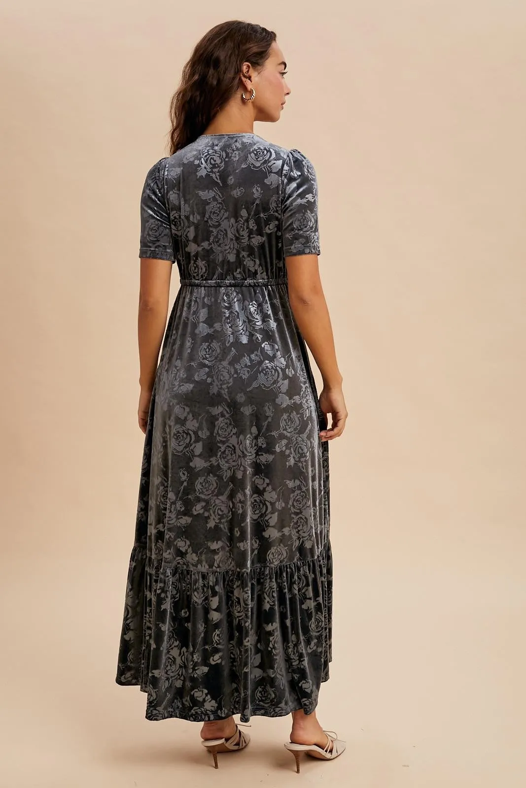 Blue Grey Velvet Floral Button Down Maxi Dress sold by Pinkblush product image thumbnail 4