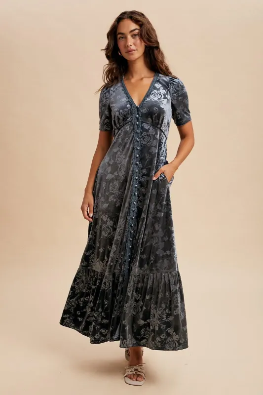 Blue Grey Velvet Floral Button Down Maxi Dress sold by Pinkblush
