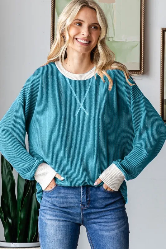 Teal Textured Rib Relaxed Fit Pullover Top sold by Pinkblush