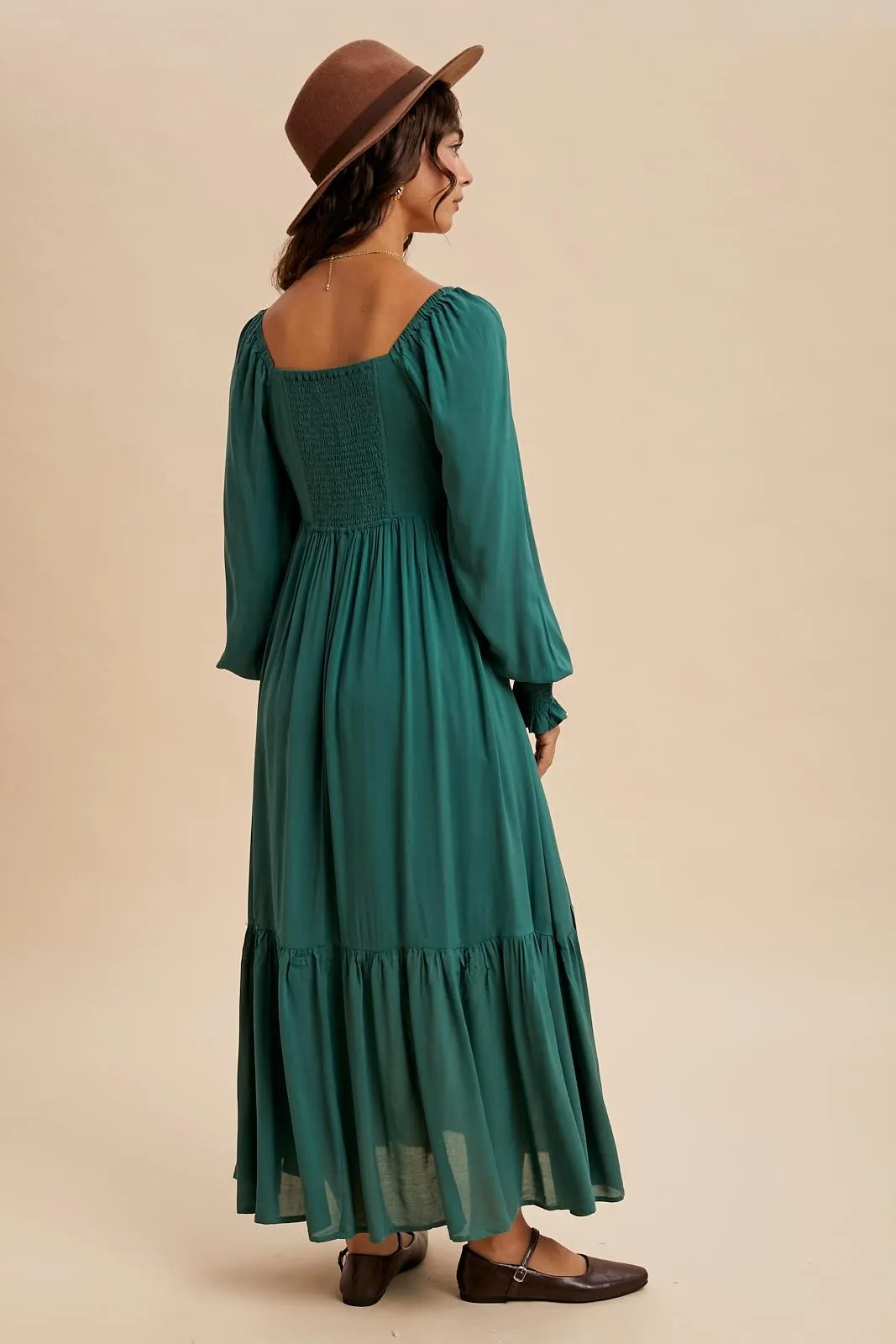 Forest Green Pleated Bodice Long Sleeve Maxi Dress sold by Pinkblush product image thumbnail 3