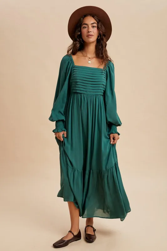 Forest Green Pleated Bodice Long Sleeve Maxi Dress sold by Pinkblush