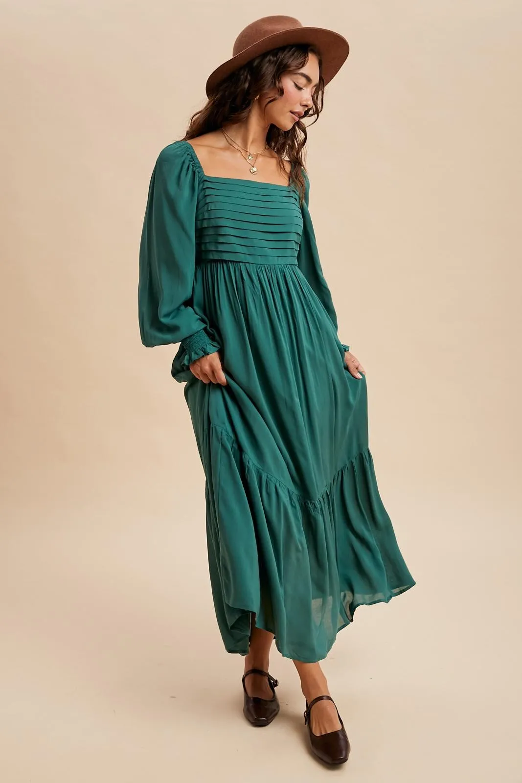 Forest Green Pleated Bodice Long Sleeve Maxi Dress sold by Pinkblush product image thumbnail 2
