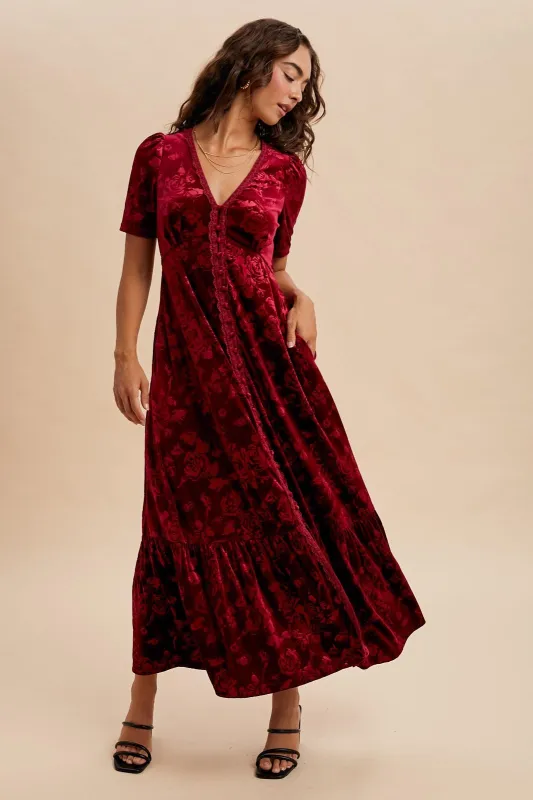 Burgundy Velvet Floral Button Down Maxi Dress sold by Pinkblush