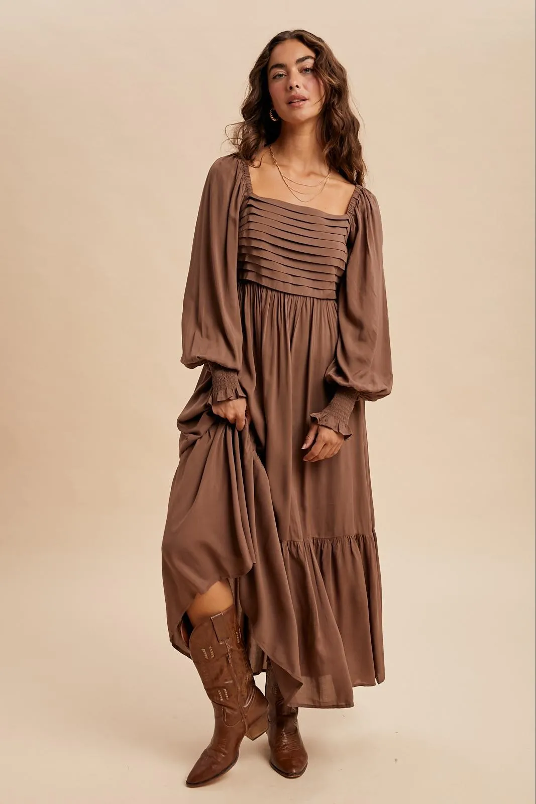Mocha Pleated Bodice Long Sleeve Maxi Dress sold by Pinkblush
