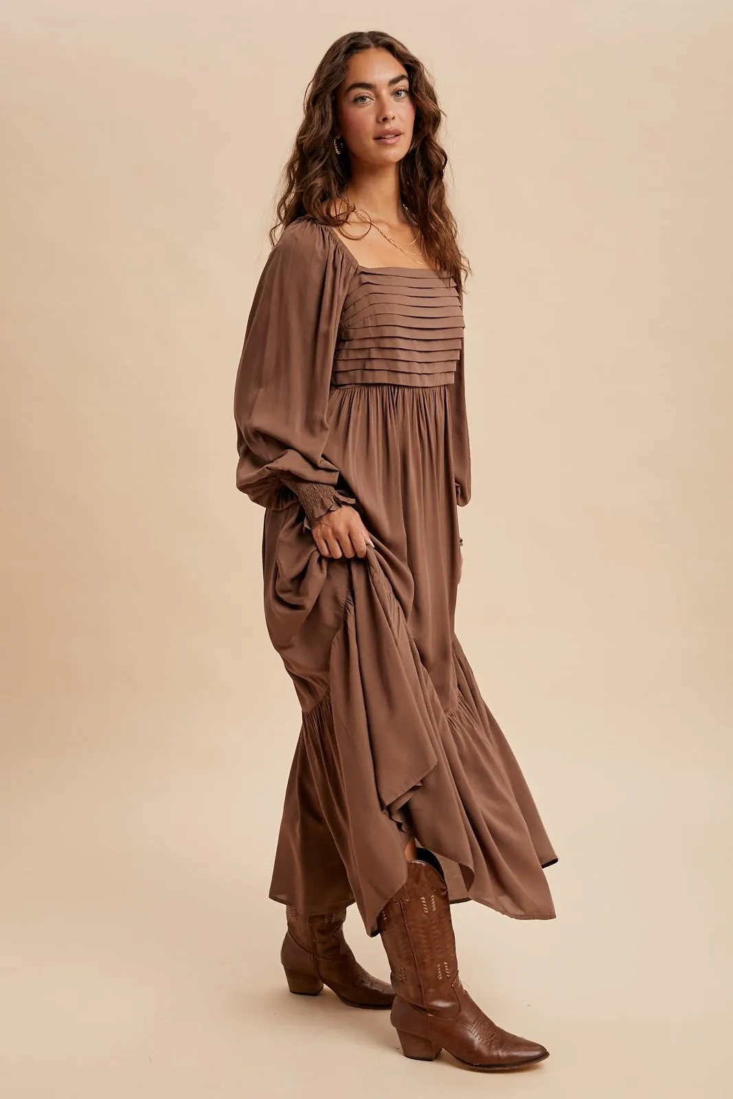 Mocha Pleated Bodice Long Sleeve Maxi Dress sold by Pinkblush product image thumbnail 2