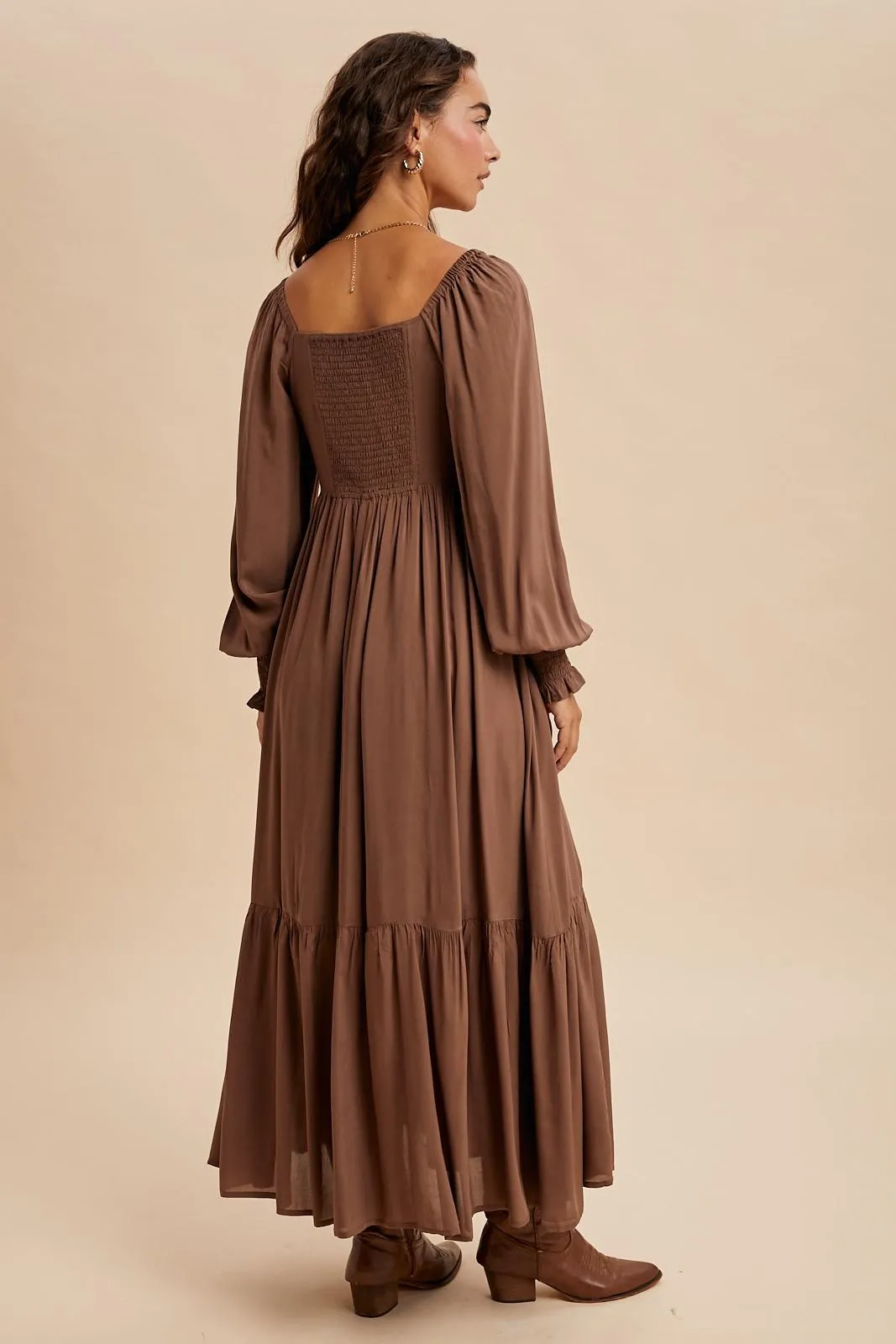 Mocha Pleated Bodice Long Sleeve Maxi Dress sold by Pinkblush product image thumbnail 3