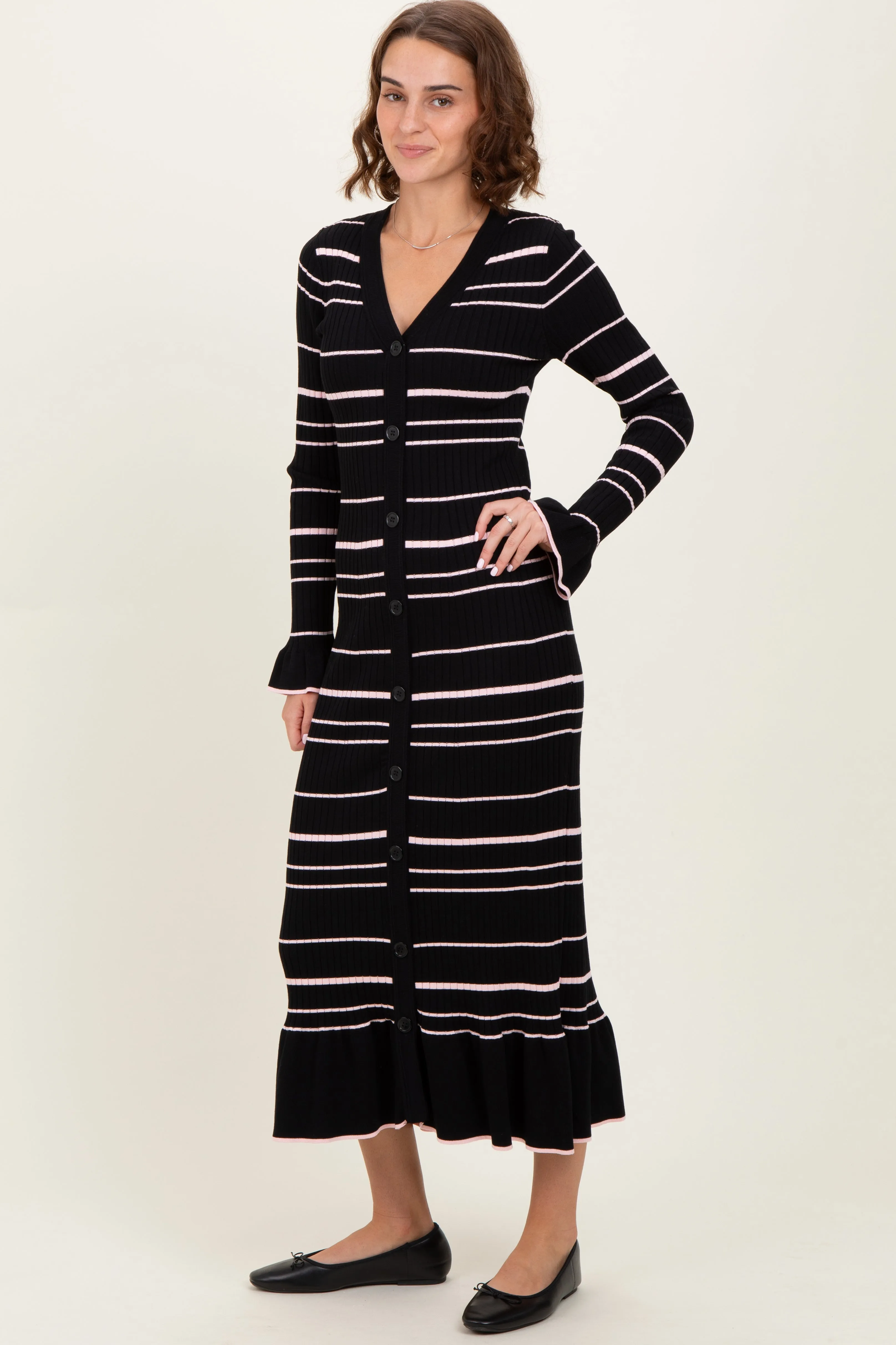 Black Striped Knit Ruffle Hem Button Down Midi Dress sold by Pinkblush product image thumbnail 3