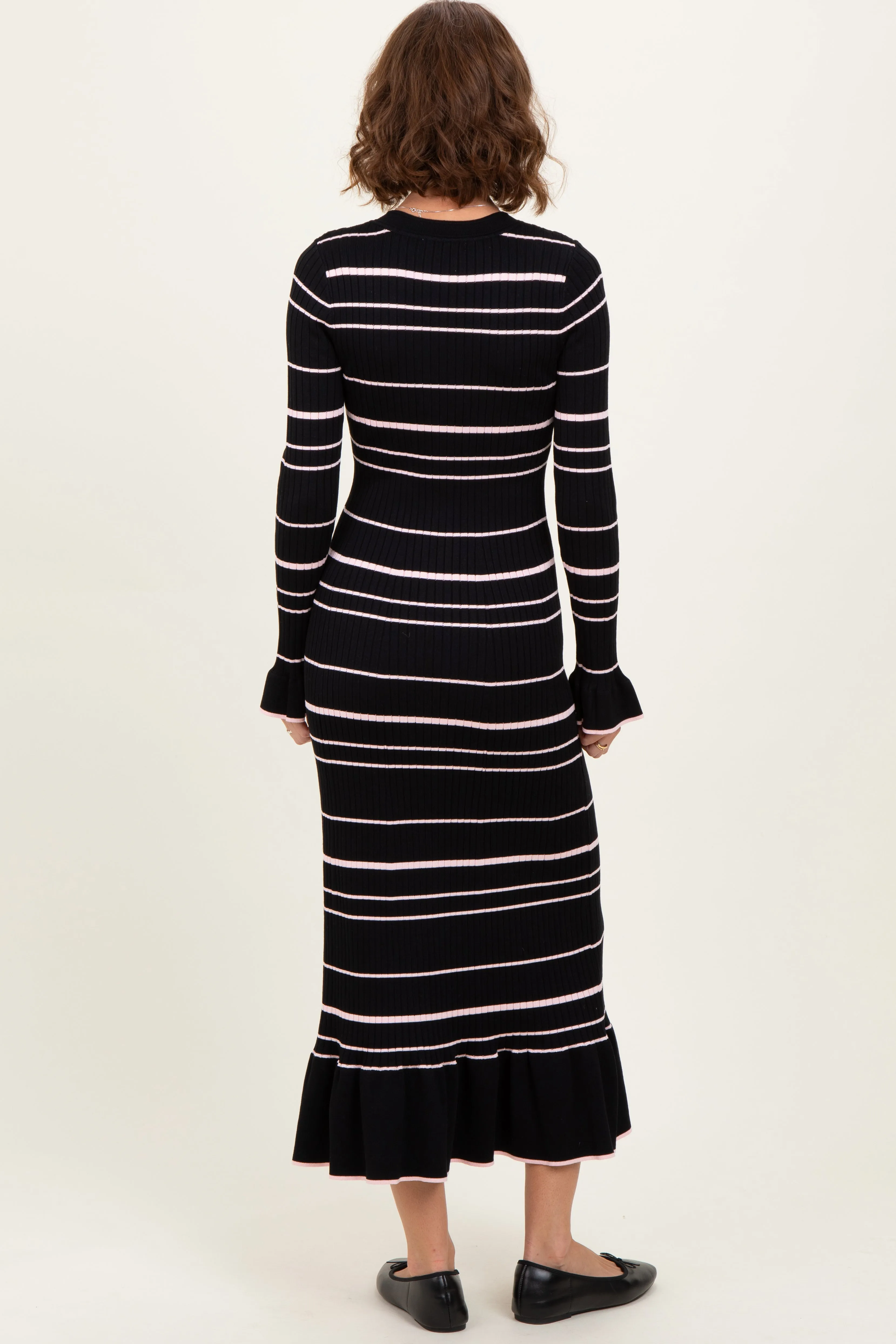 Black Striped Knit Ruffle Hem Button Down Midi Dress sold by Pinkblush product image thumbnail 4