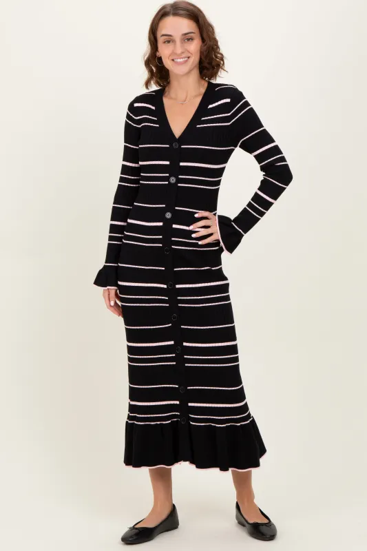 Black Striped Knit Ruffle Hem Button Down Midi Dress sold by Pinkblush