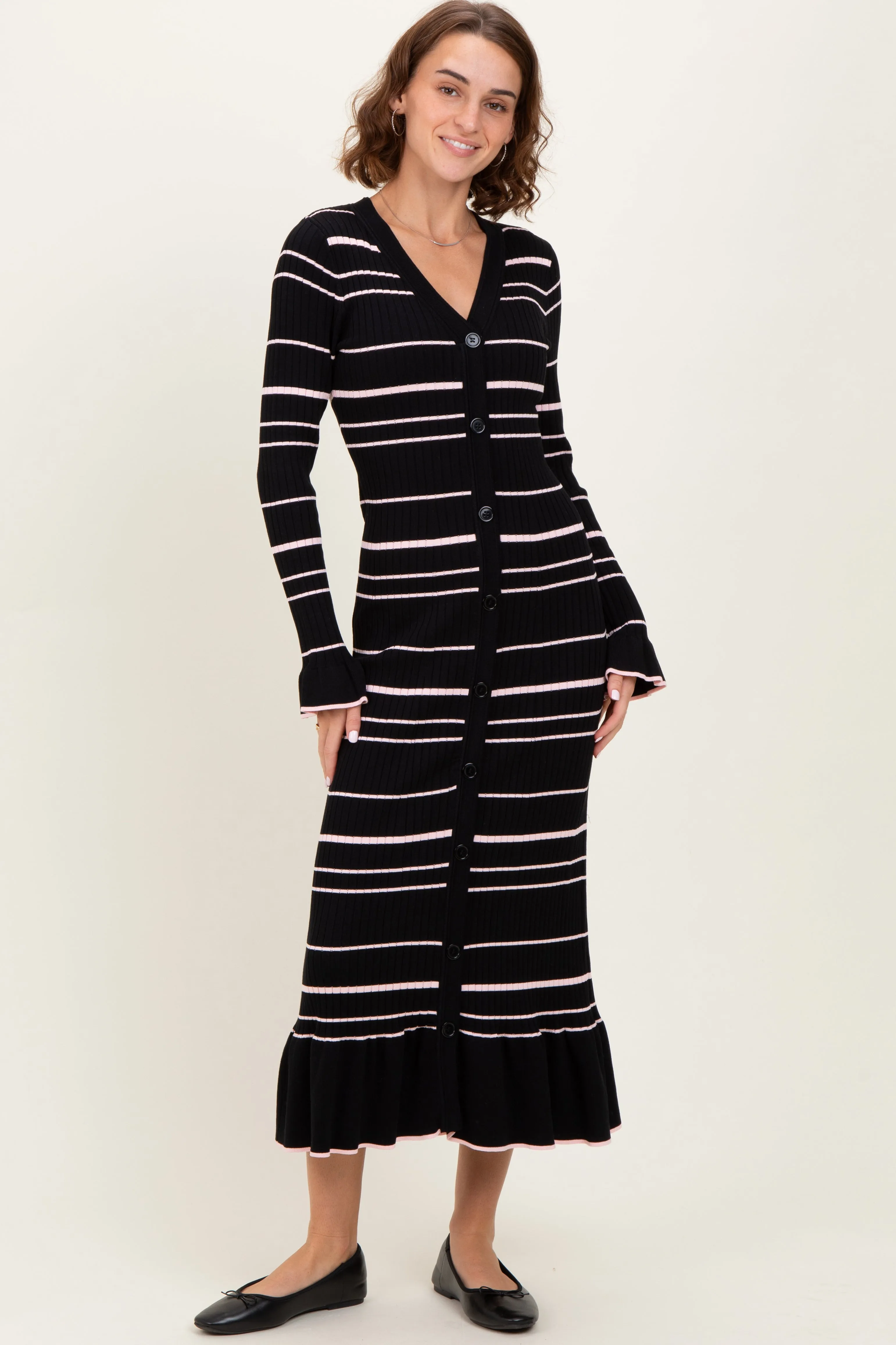 Black Striped Knit Ruffle Hem Button Down Midi Dress sold by Pinkblush product image thumbnail 2