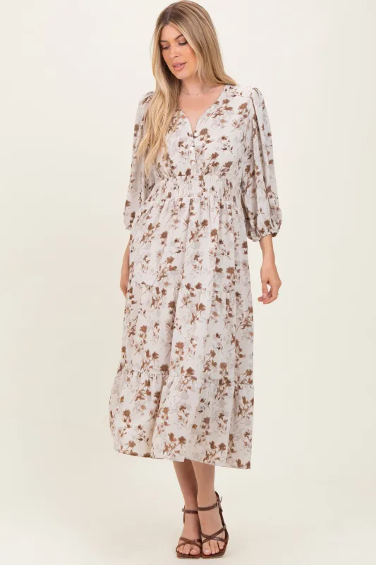 Cream Floral Button Front V-Neck Midi Dress sold by Pinkblush