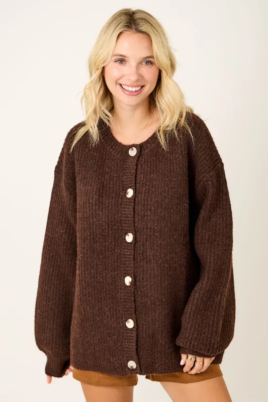 Brown Knit Oversized Button Cardigan sold by Pinkblush