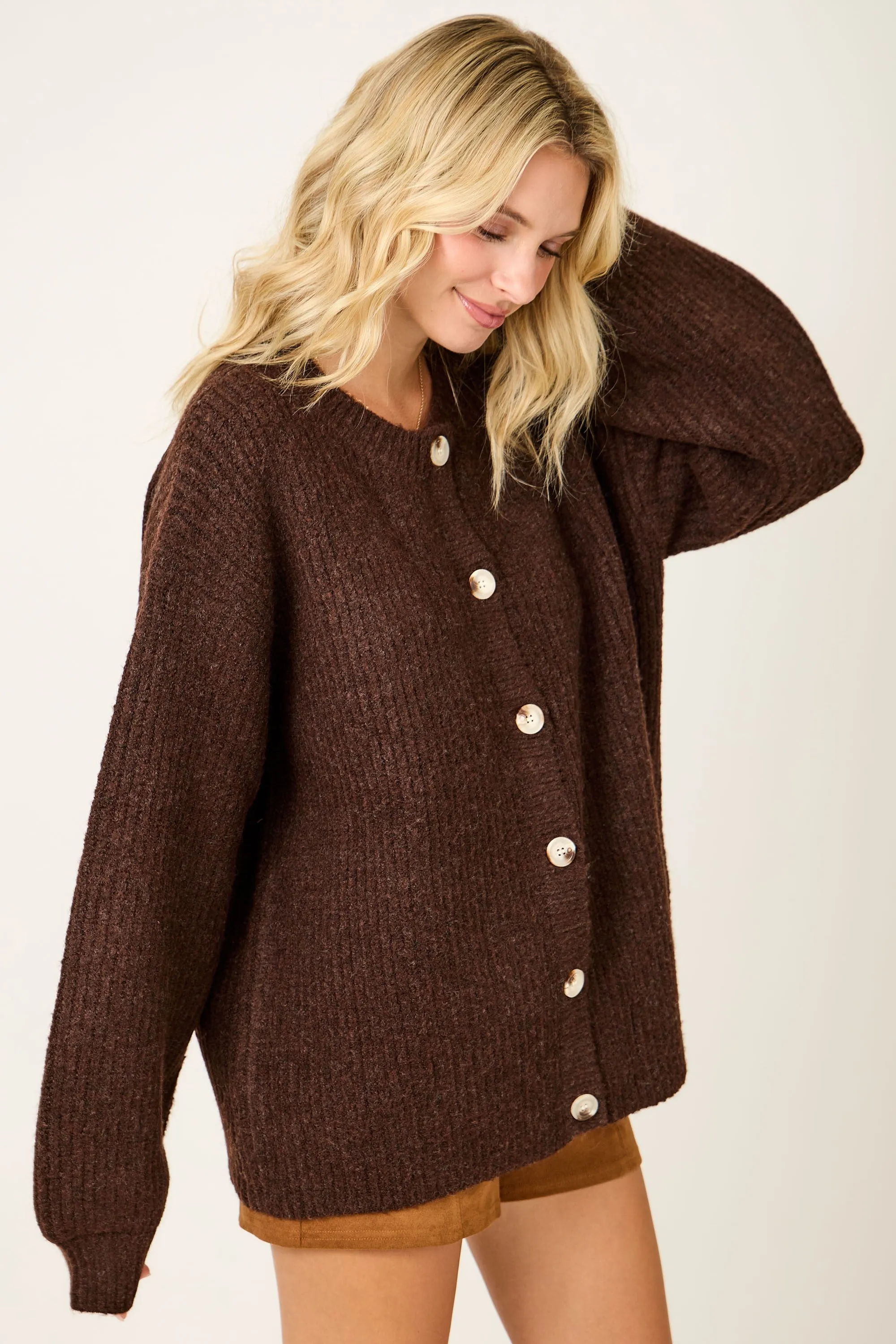 Brown Knit Oversized Button Cardigan sold by Pinkblush product image thumbnail 2