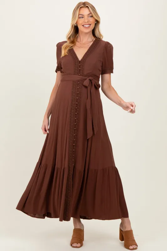 Brown Lace Trim Button Down Maternity Maxi Dress sold by Pinkblush
