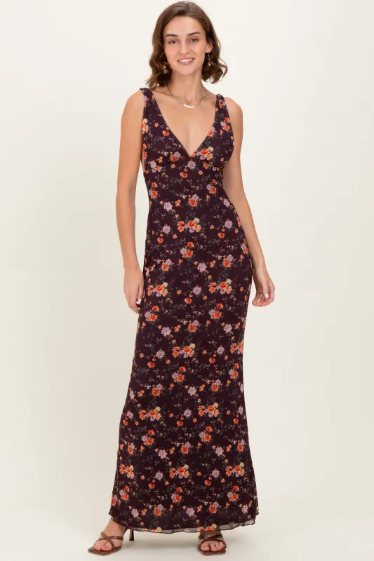 Brown Floral Deep V-Neck Sleeveless Maxi Dress sold by Pinkblush