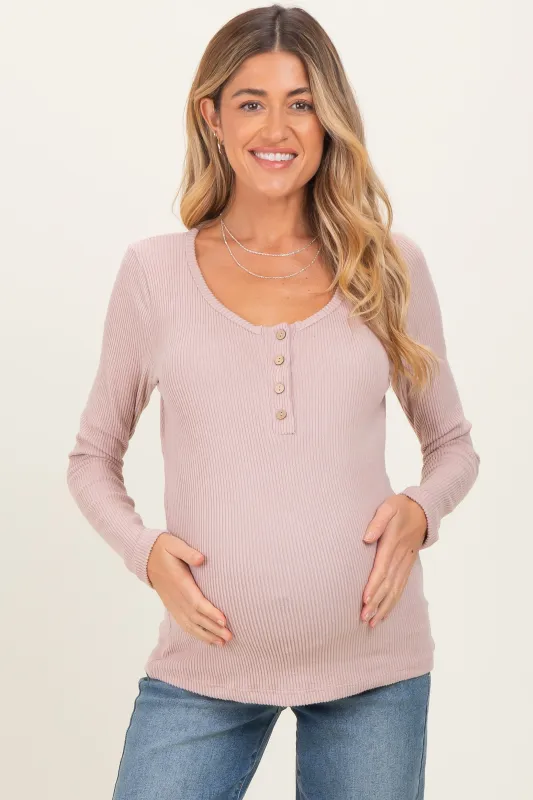 Beige Solid Ribbed Brushed Long Sleeve Button Down Round Neck Maternity Top sold by Pinkblush