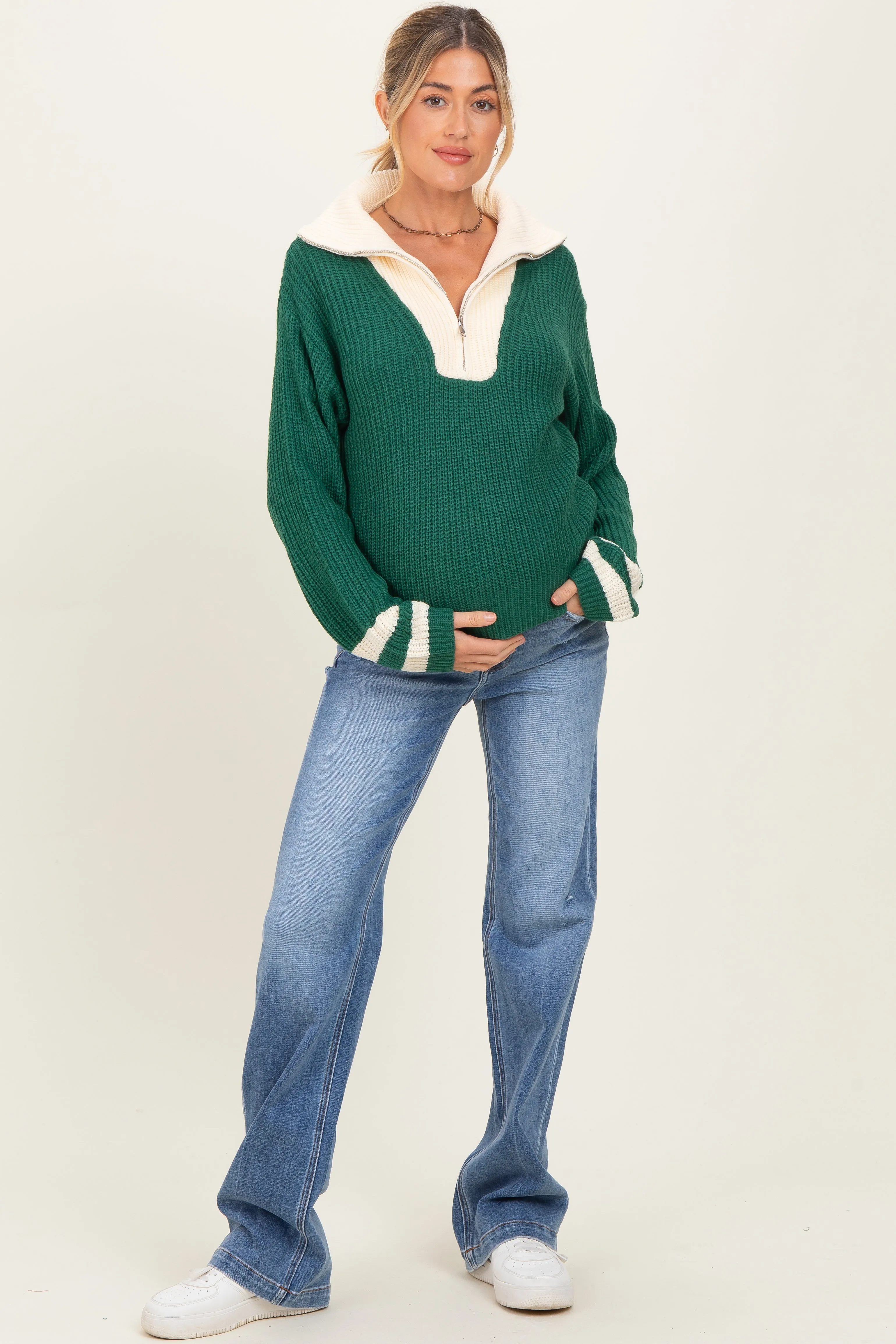 Forest Green Colorblock Chunky Knit Half Zip Maternity Sweater sold by Pinkblush product image thumbnail 2