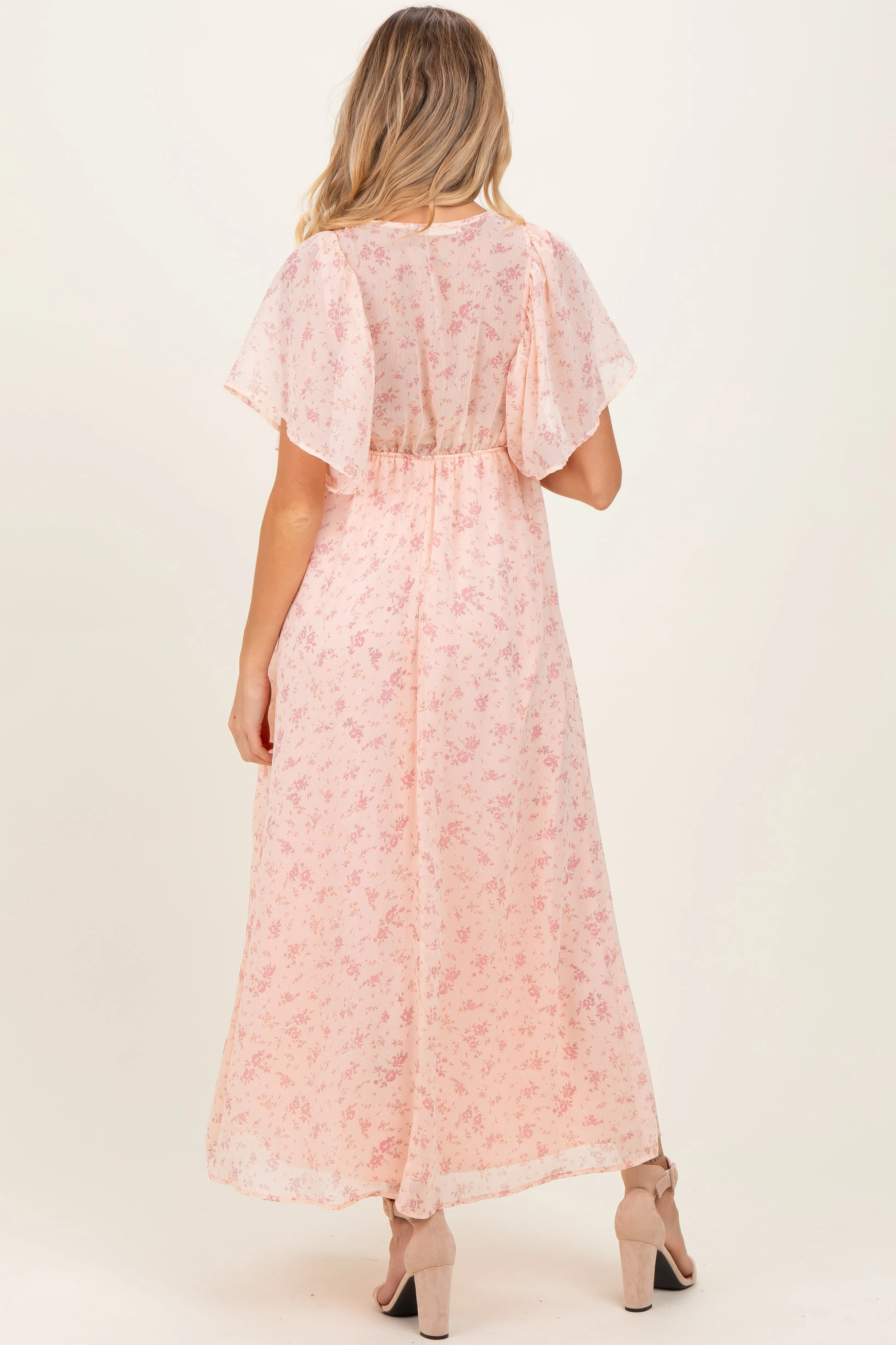 Light Pink Floral Chiffon Short Sleeve V-Neck Smocked Top Maternity Maxi Dress sold by Pinkblush product image thumbnail 3