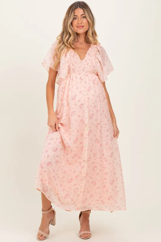 Light Pink Floral Chiffon Short Sleeve V-Neck Smocked Top Maternity Maxi Dress sold by Pinkblush