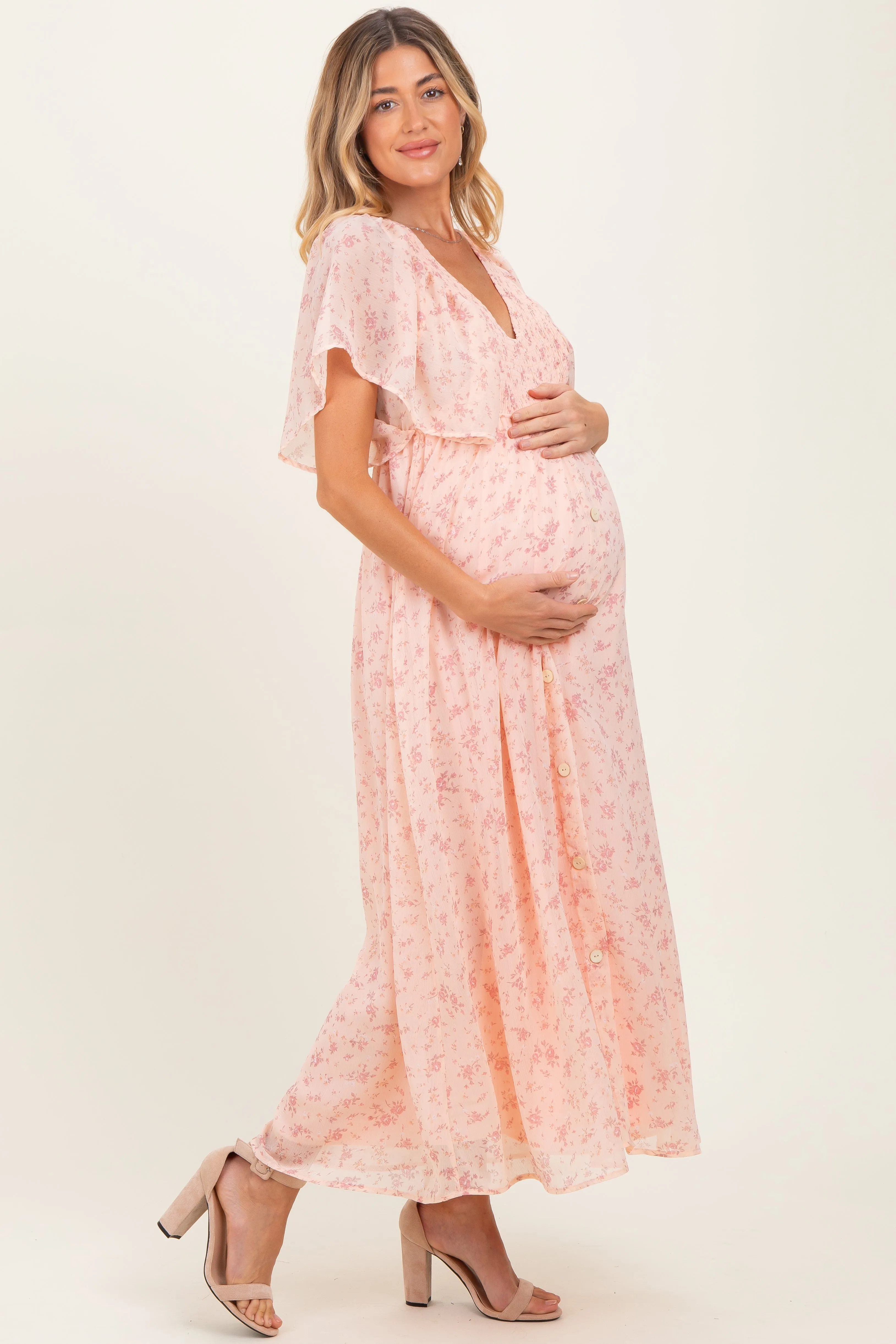 Light Pink Floral Chiffon Short Sleeve V-Neck Smocked Top Maternity Maxi Dress sold by Pinkblush product image thumbnail 2