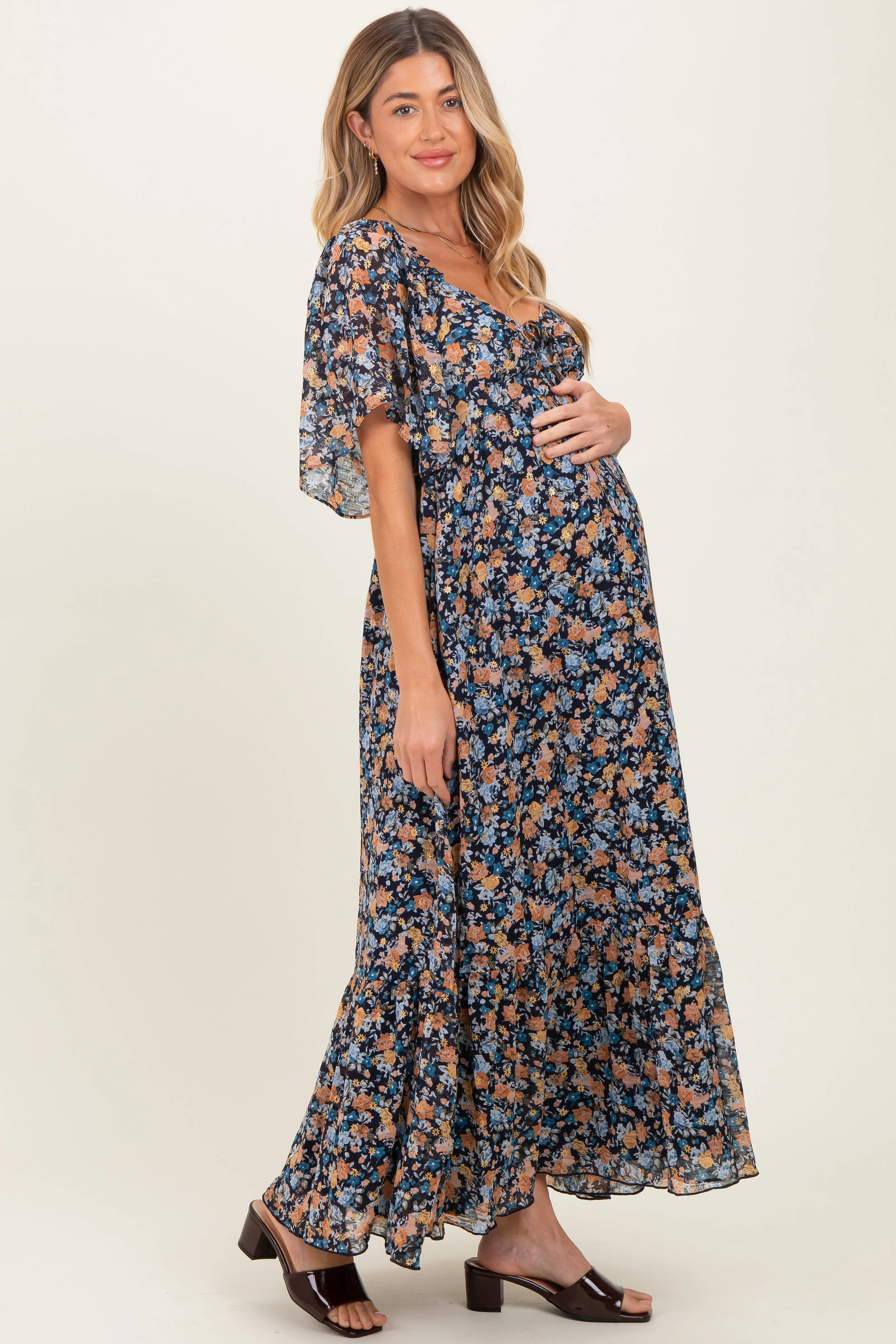 Navy Floral Sweetheart Neck Flutter Sleeve Maternity Maxi Dress sold by Pinkblush product image thumbnail 2