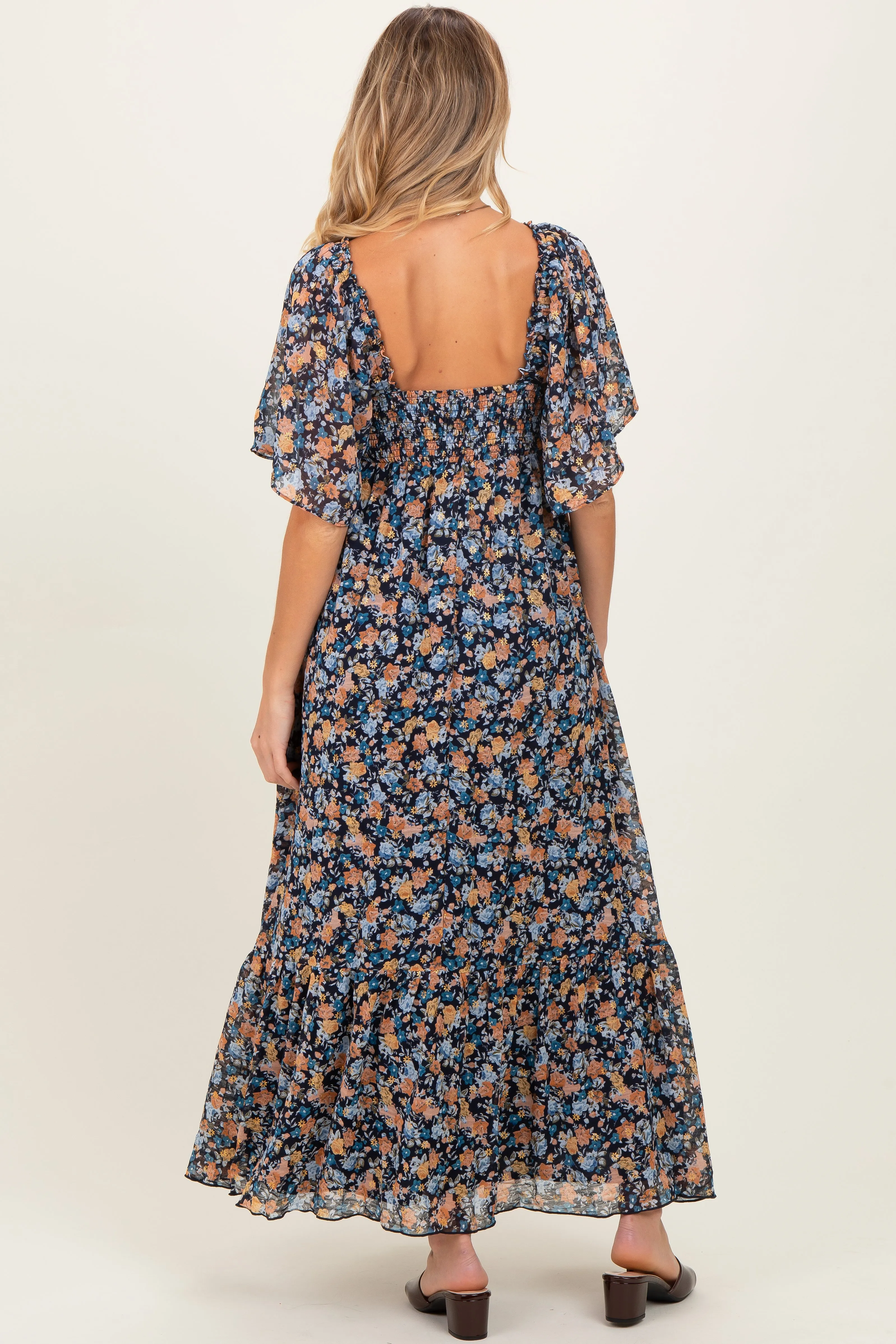 Navy Floral Sweetheart Neck Flutter Sleeve Maternity Maxi Dress sold by Pinkblush product image thumbnail 3