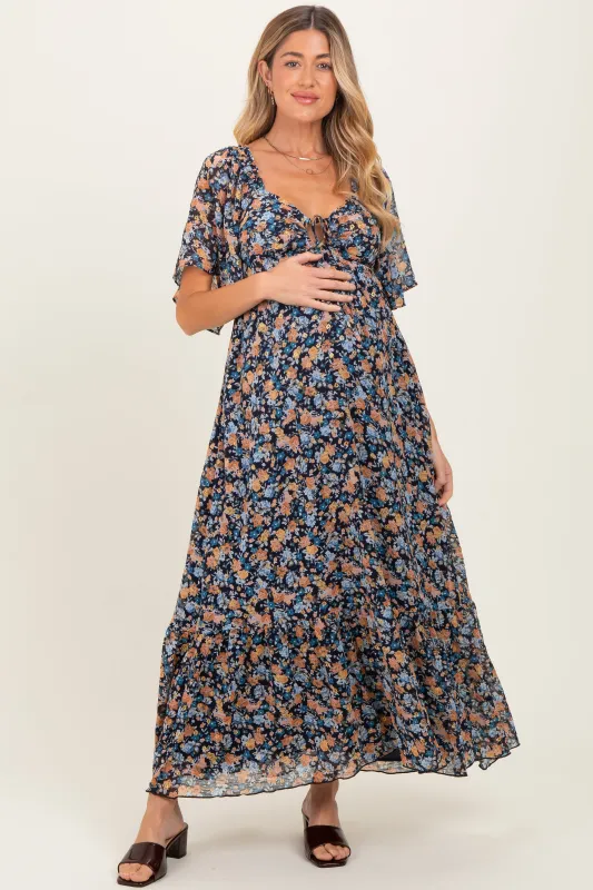 Navy Floral Sweetheart Neck Flutter Sleeve Maternity Maxi Dress sold by Pinkblush