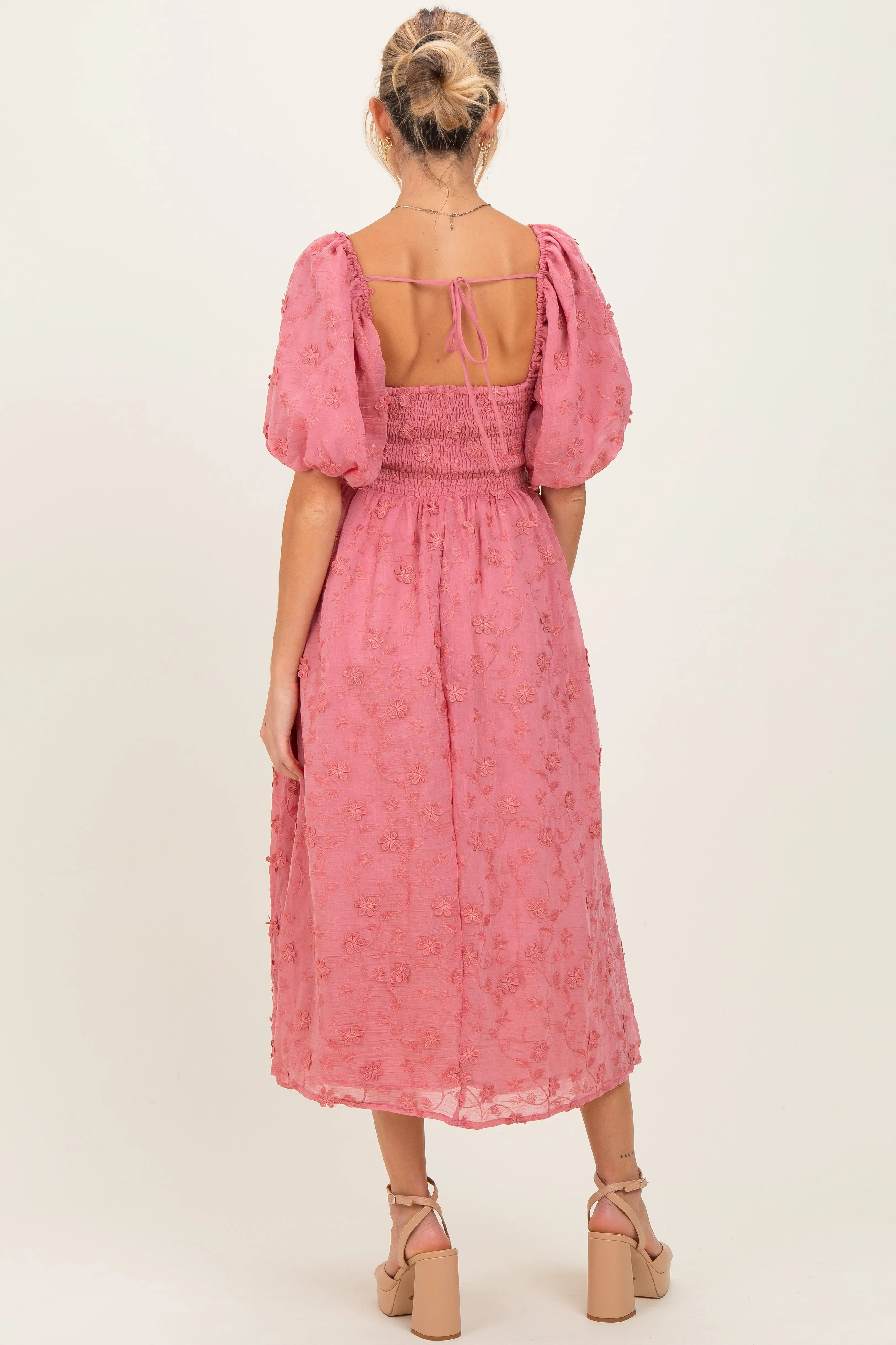 Mauve Embroidered Floral Puff Sleeve Maternity Midi Dress sold by Pinkblush product image thumbnail 4