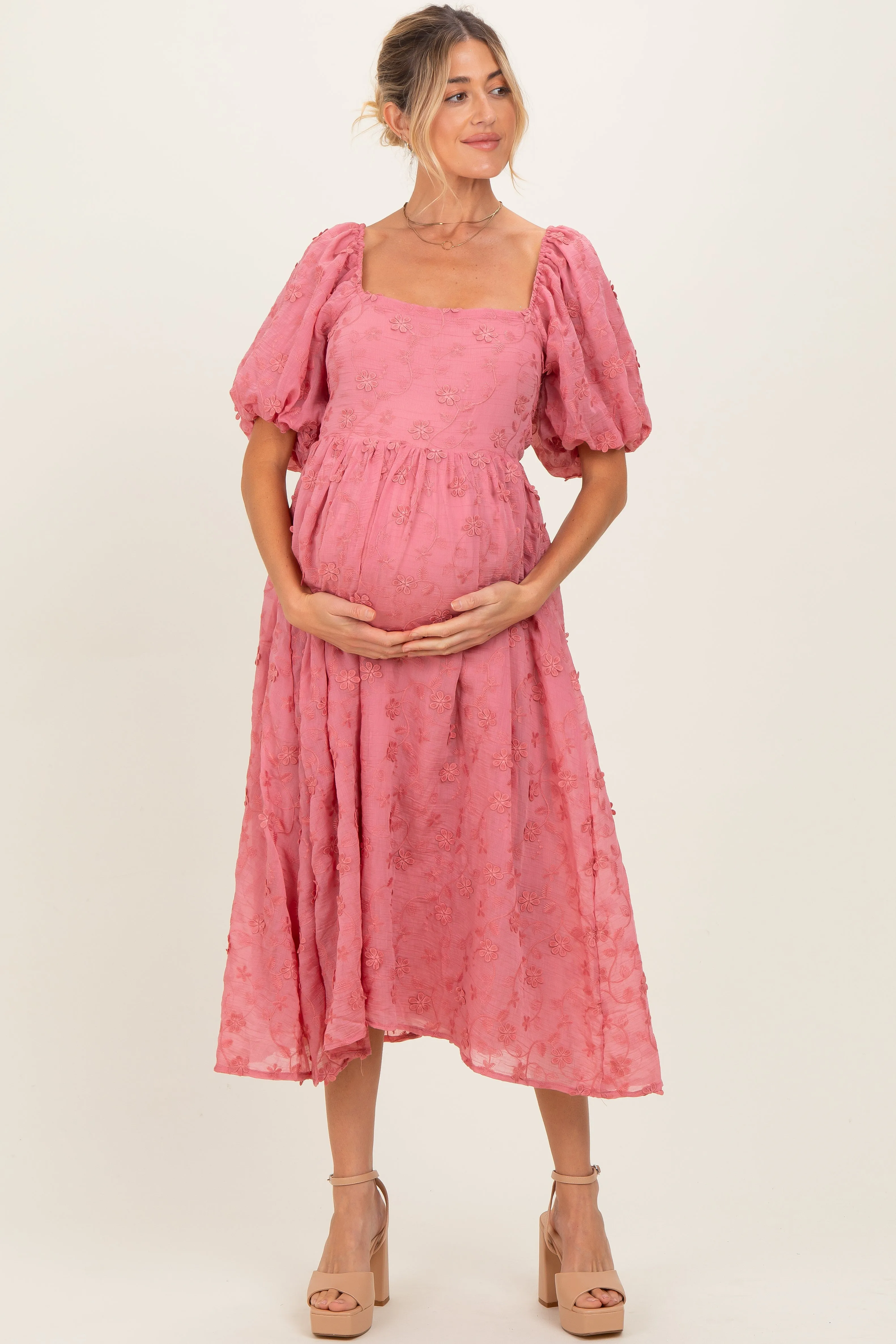 Mauve Embroidered Floral Puff Sleeve Maternity Midi Dress sold by Pinkblush