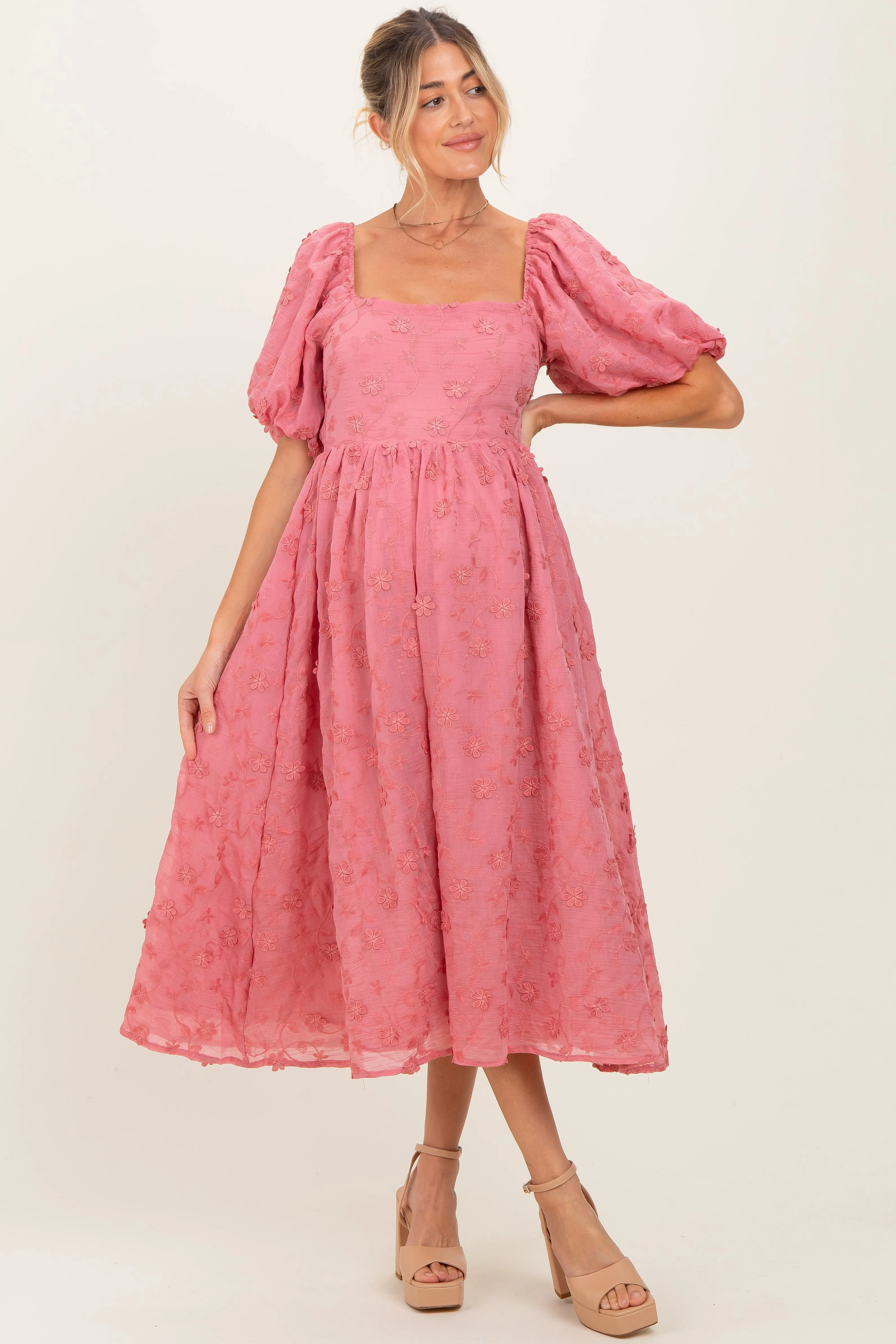Mauve Embroidered Floral Puff Sleeve Maternity Midi Dress sold by Pinkblush product image thumbnail 2